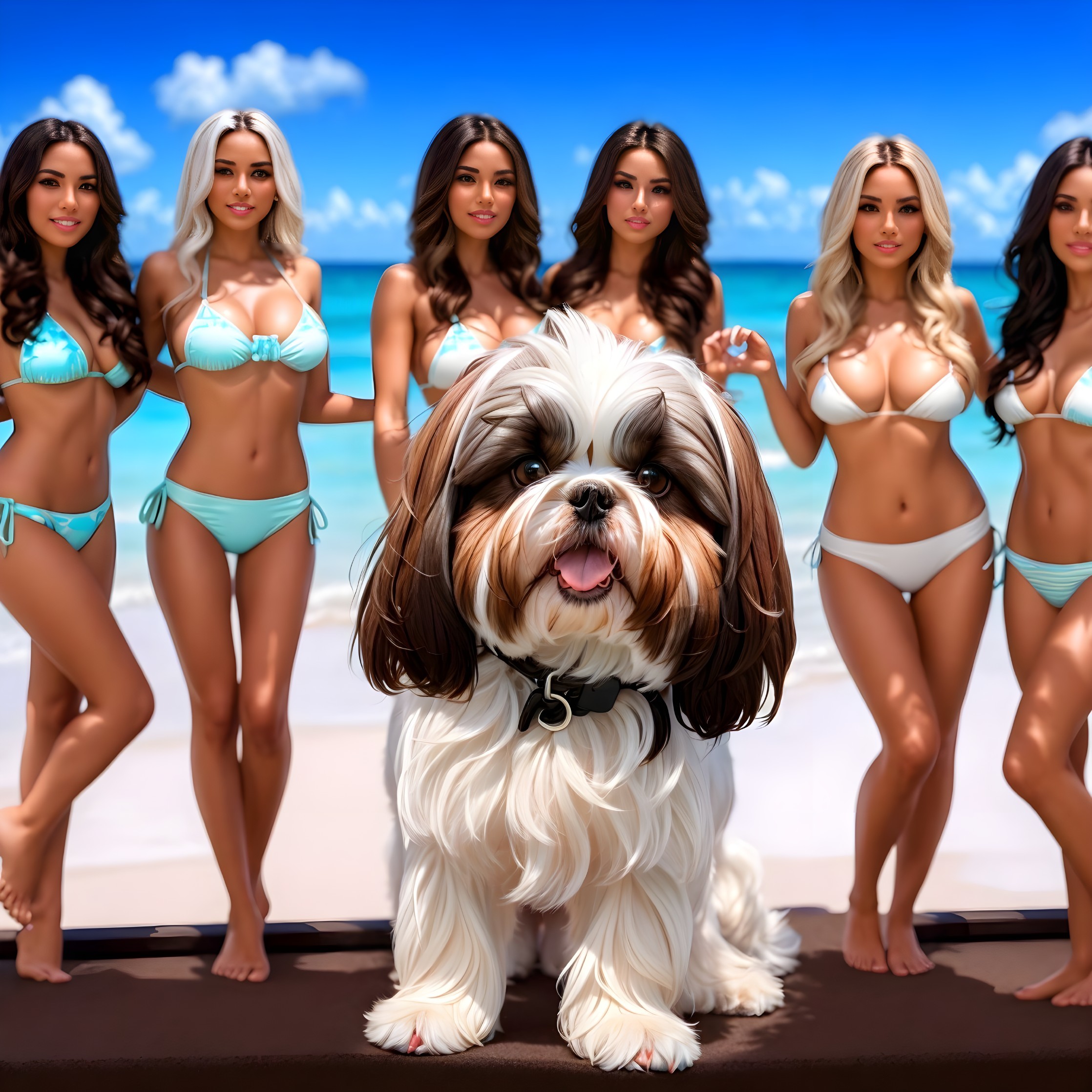 Five Women in Matching Turquoise Bikinis with Shih Tzu on Sunny Beach