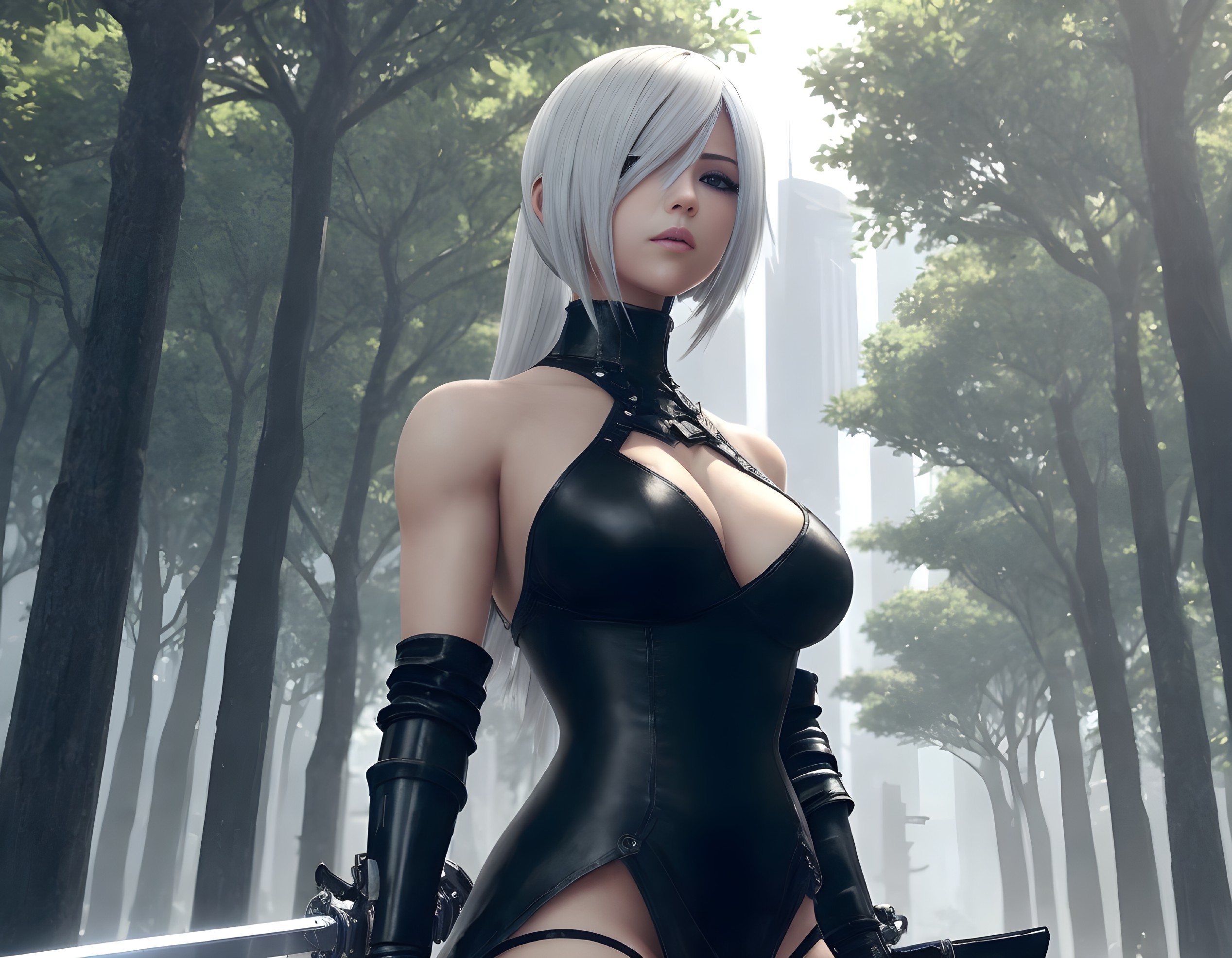 Stylized female character with white hair in black outfit in misty forest