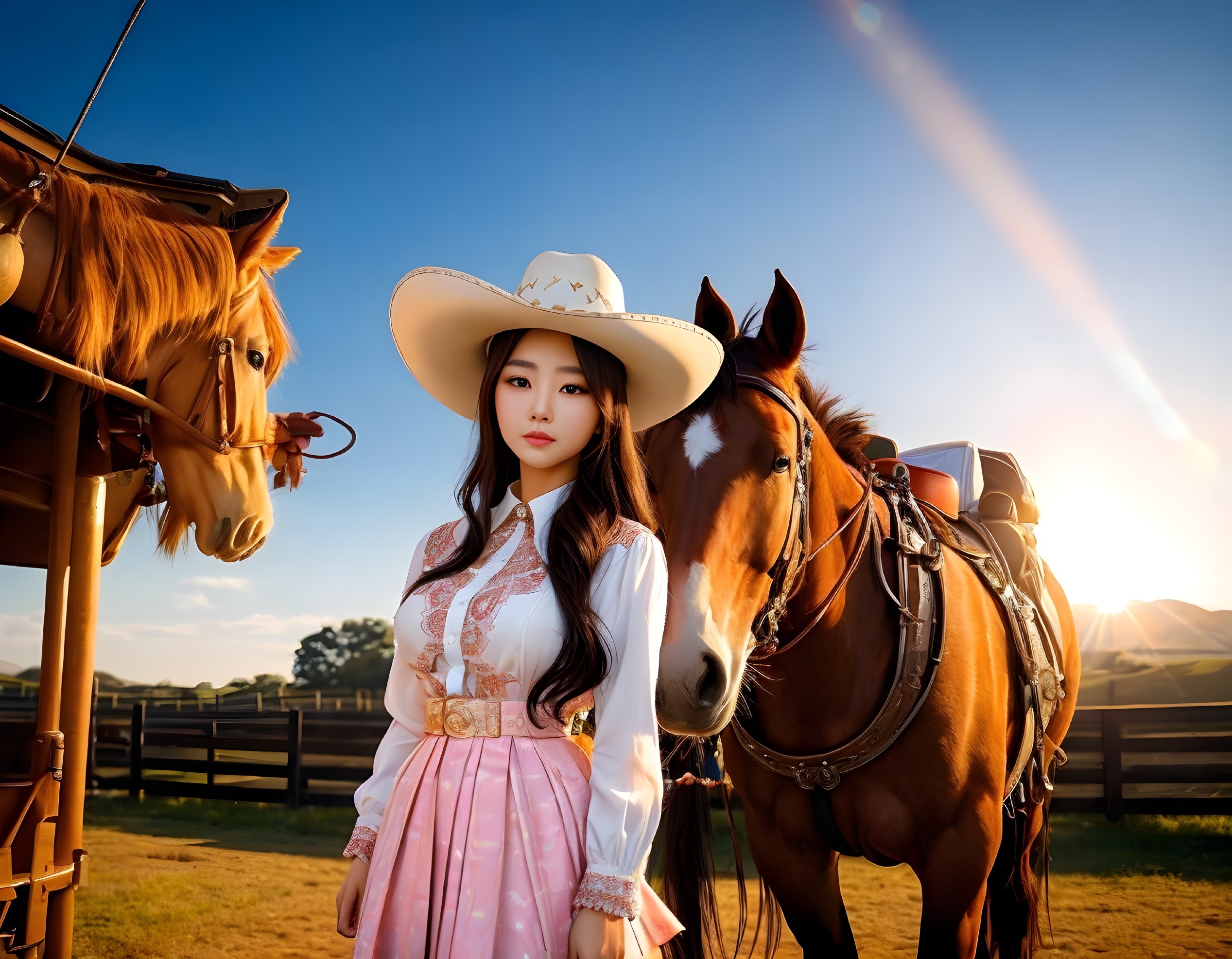 Woman in Cowboy Hat with Horses and Carriage