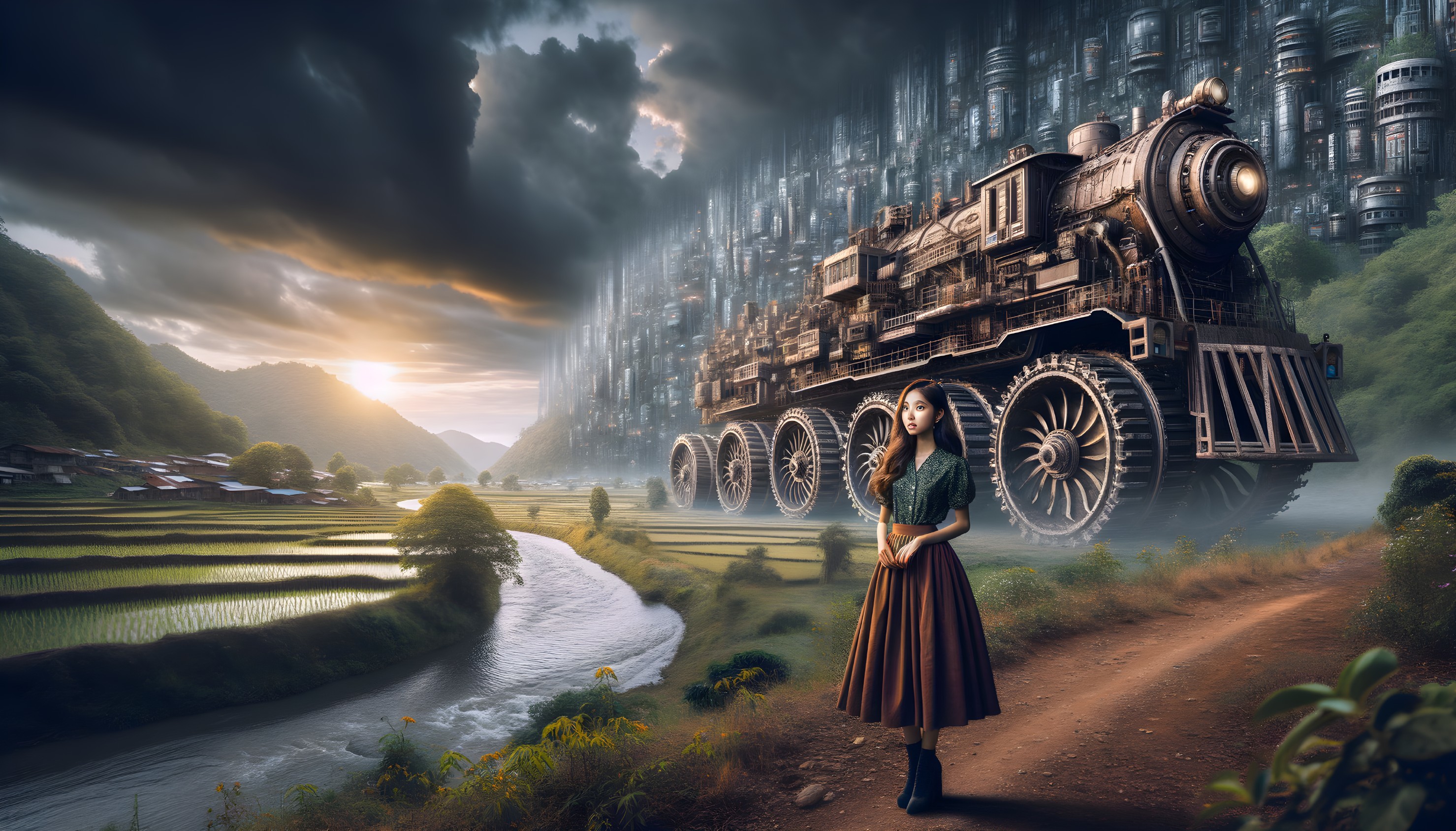 Woman observing steampunk locomotive by river and futuristic skyline at sunset