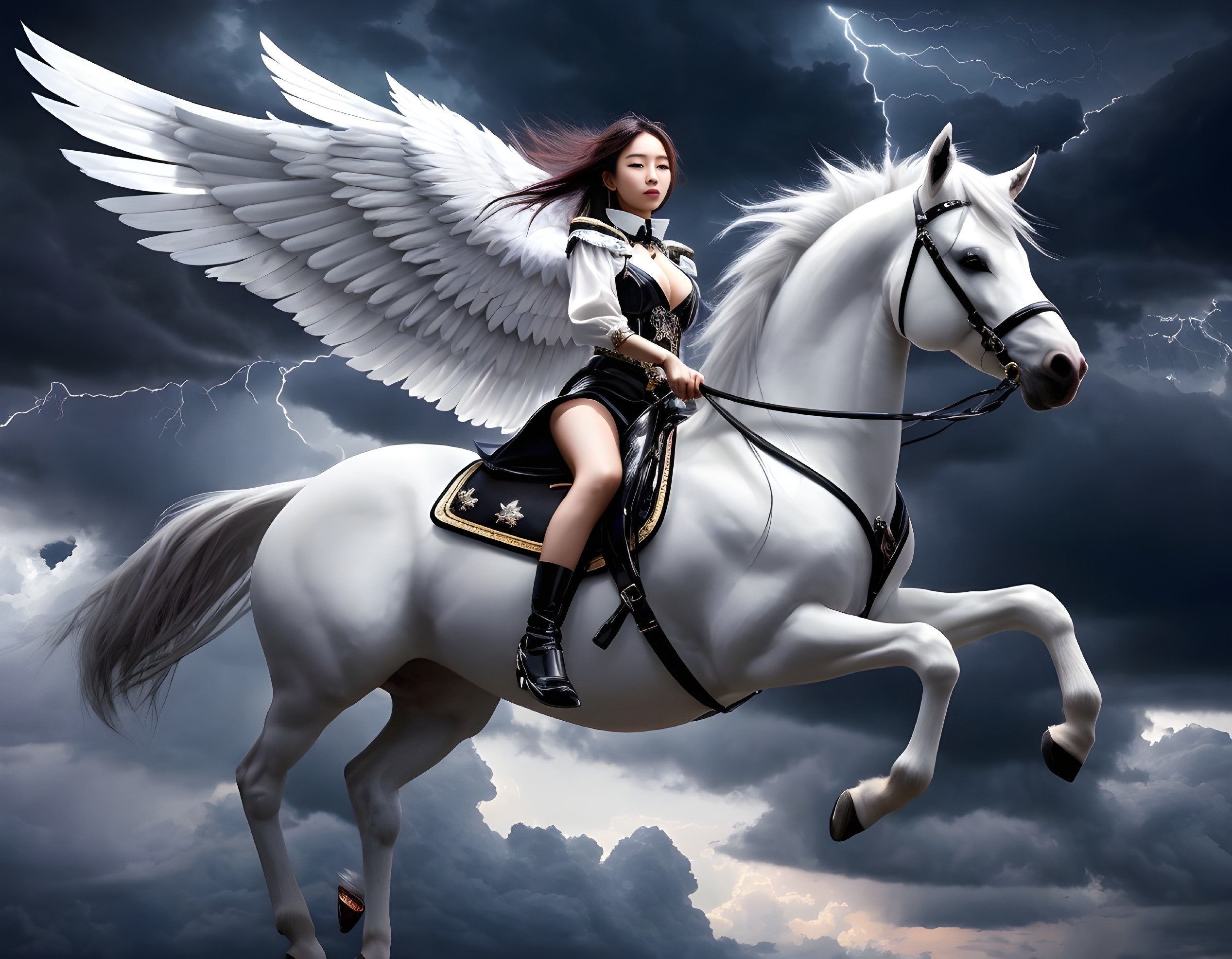 Woman in dark outfit on white winged horse in stormy sky with lightning.