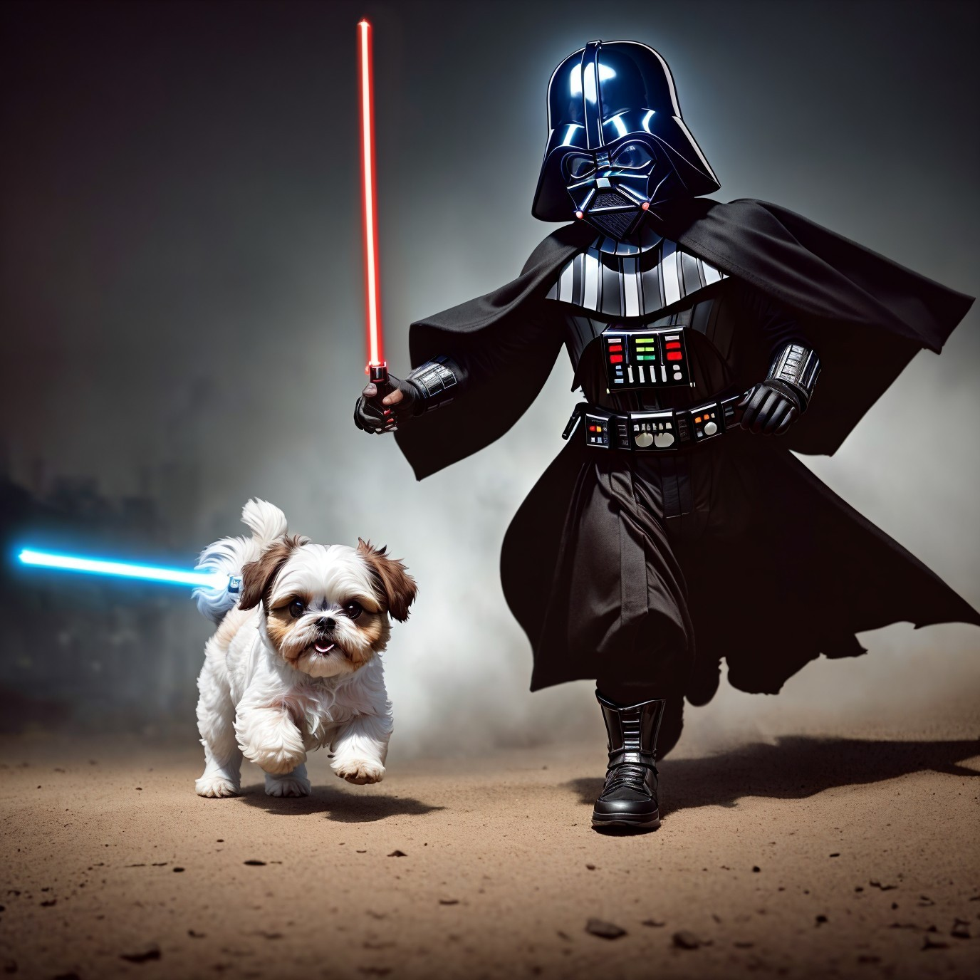 Small dog and person in Darth Vader costume with lightsabers on smoky background