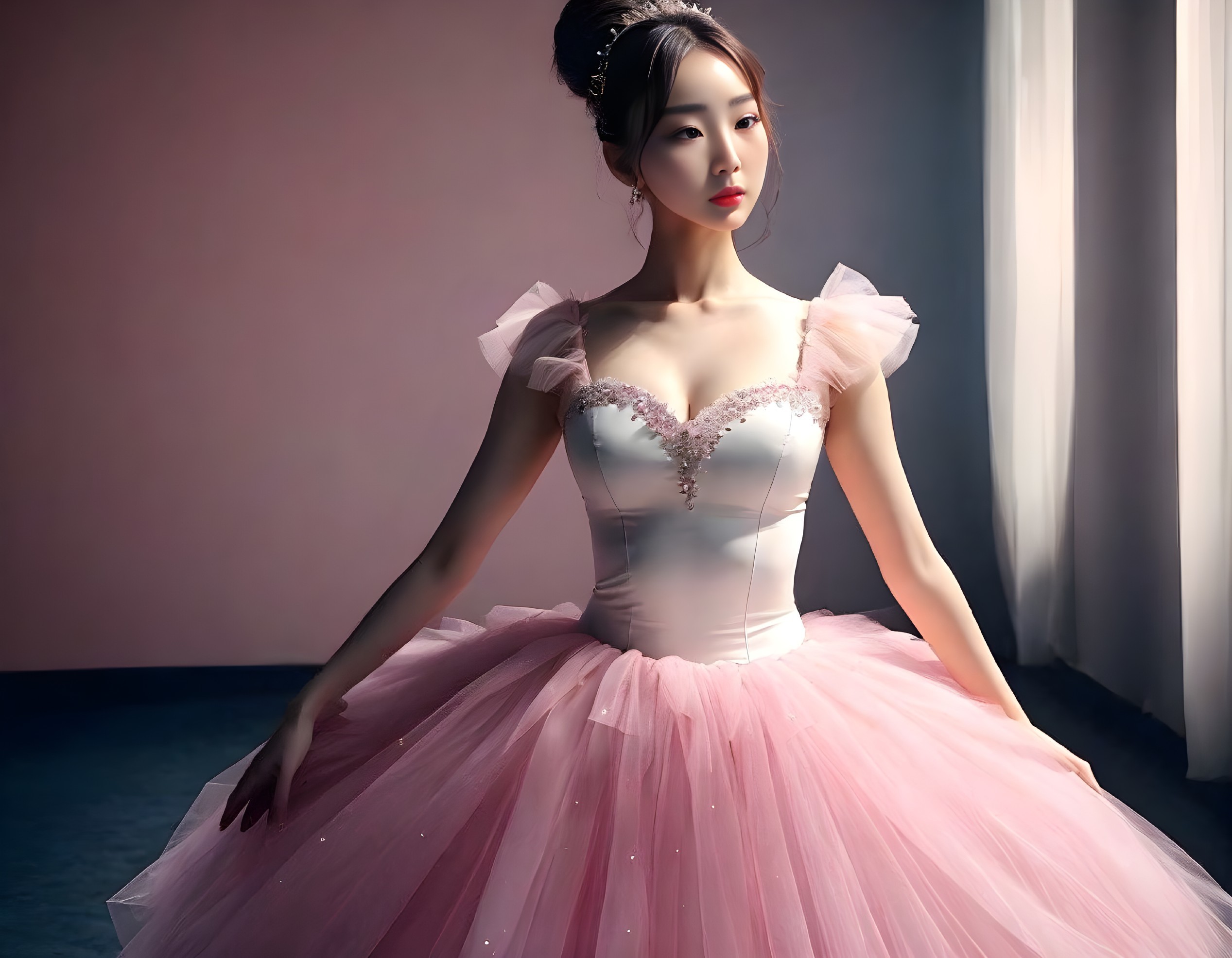 Elegant Woman in Pink Ball Gown by Window Light