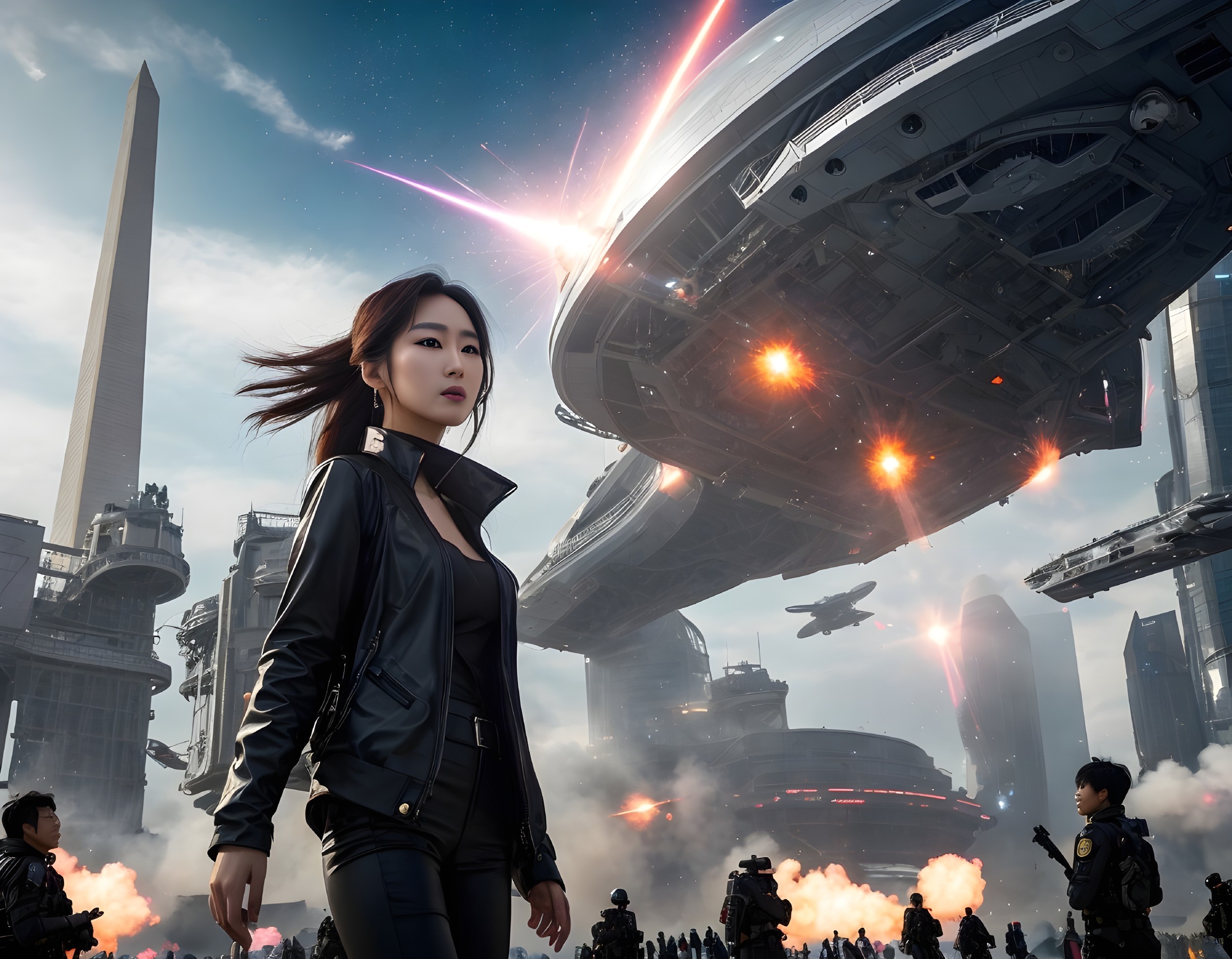 Futuristic cityscape with woman in leather jacket