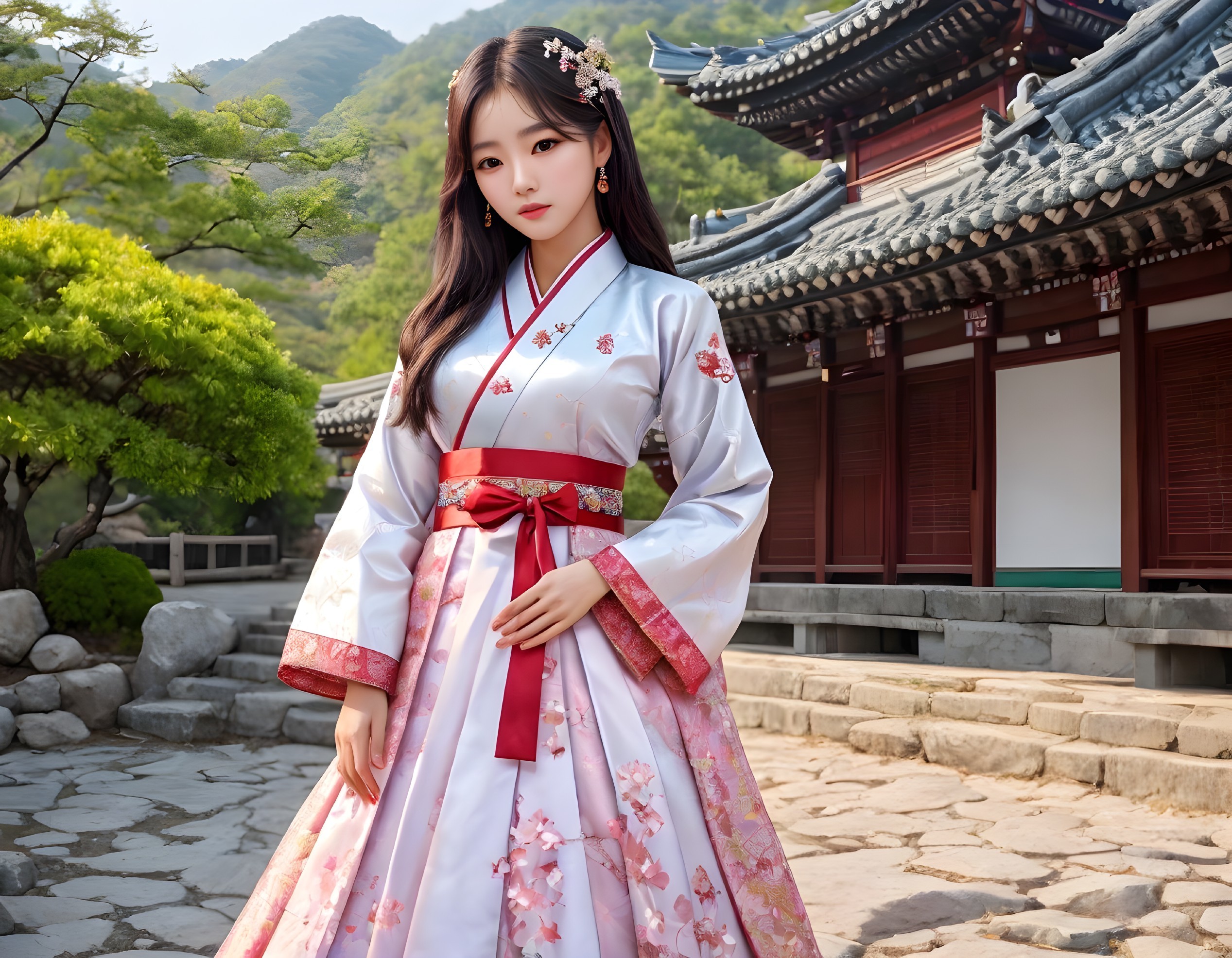 Traditional Korean woman in hanbok at ancient palace with floral hairpiece