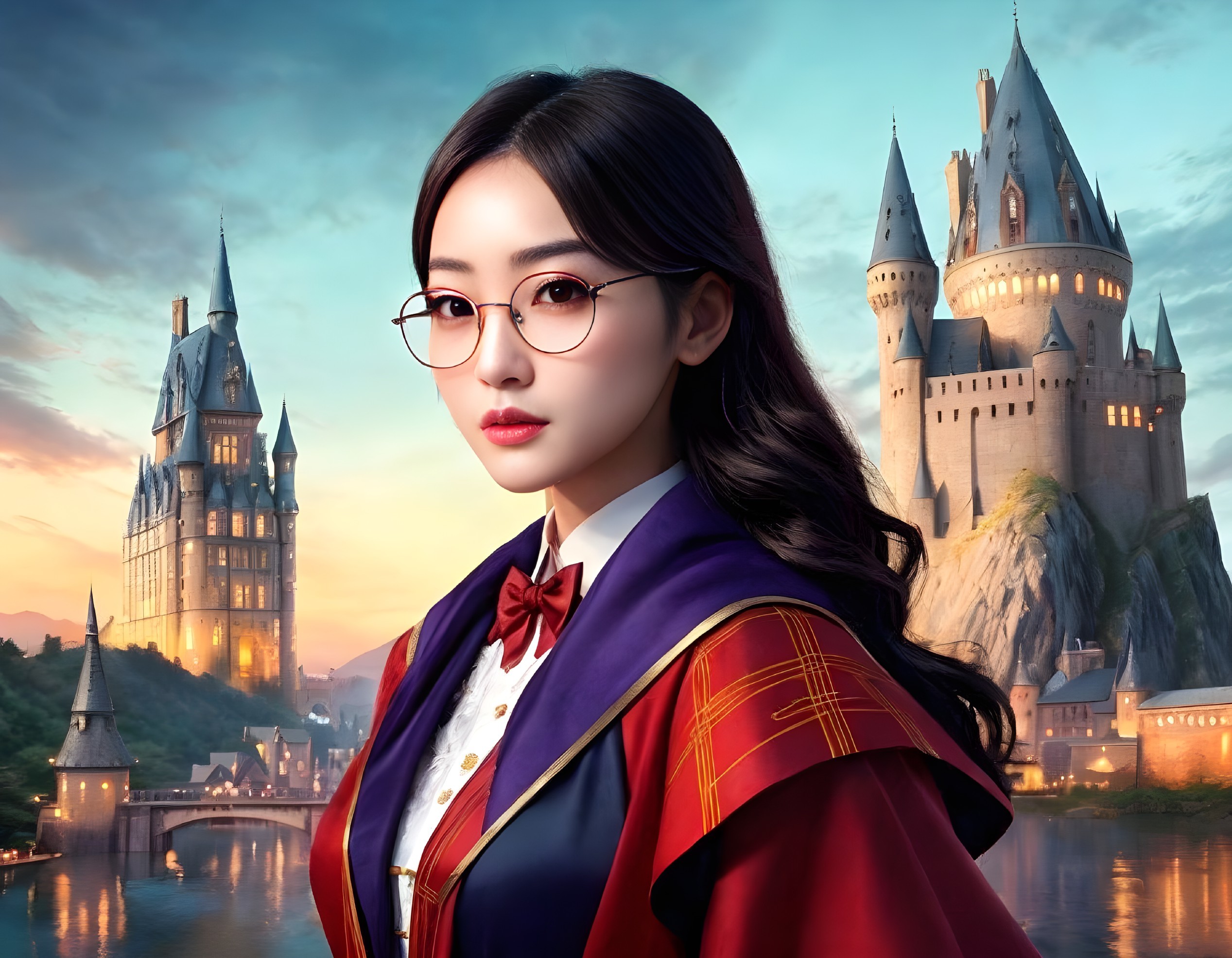 Digital Art: Woman in Wizard Uniform with Twilight Castle