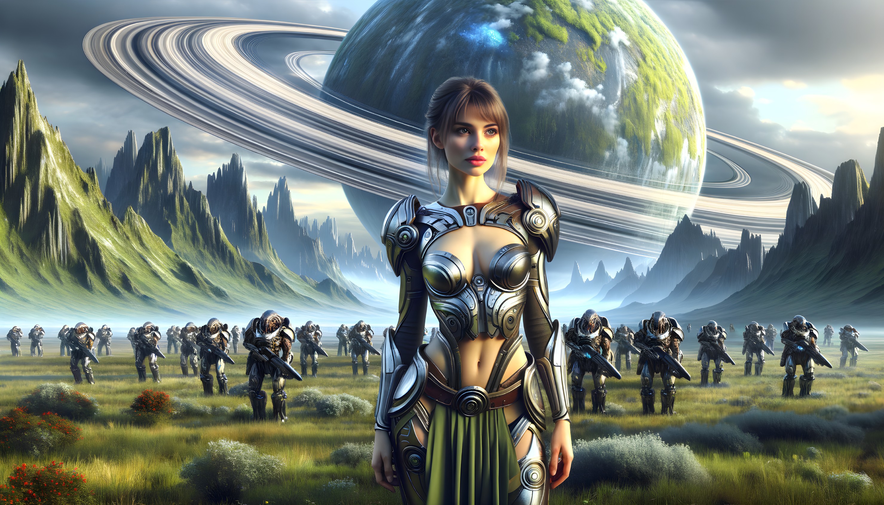 Futuristic female warrior in sci-fi landscape with armored soldiers and planets.