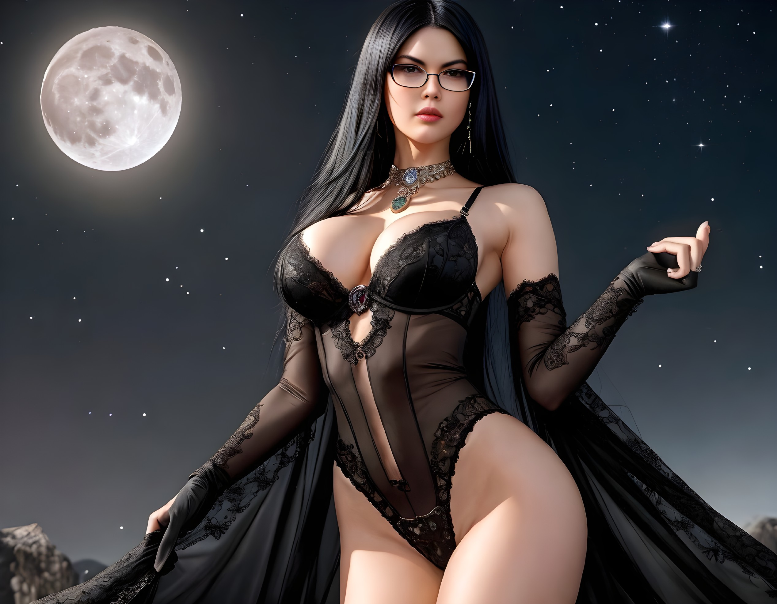 Darkly dressed animated figure under full moon and stars