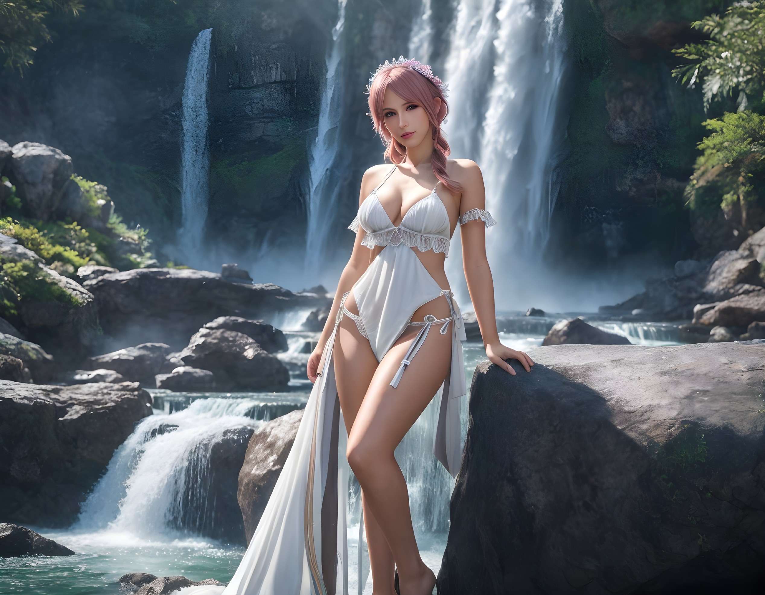 Pink-haired person in white dress by lush waterfall