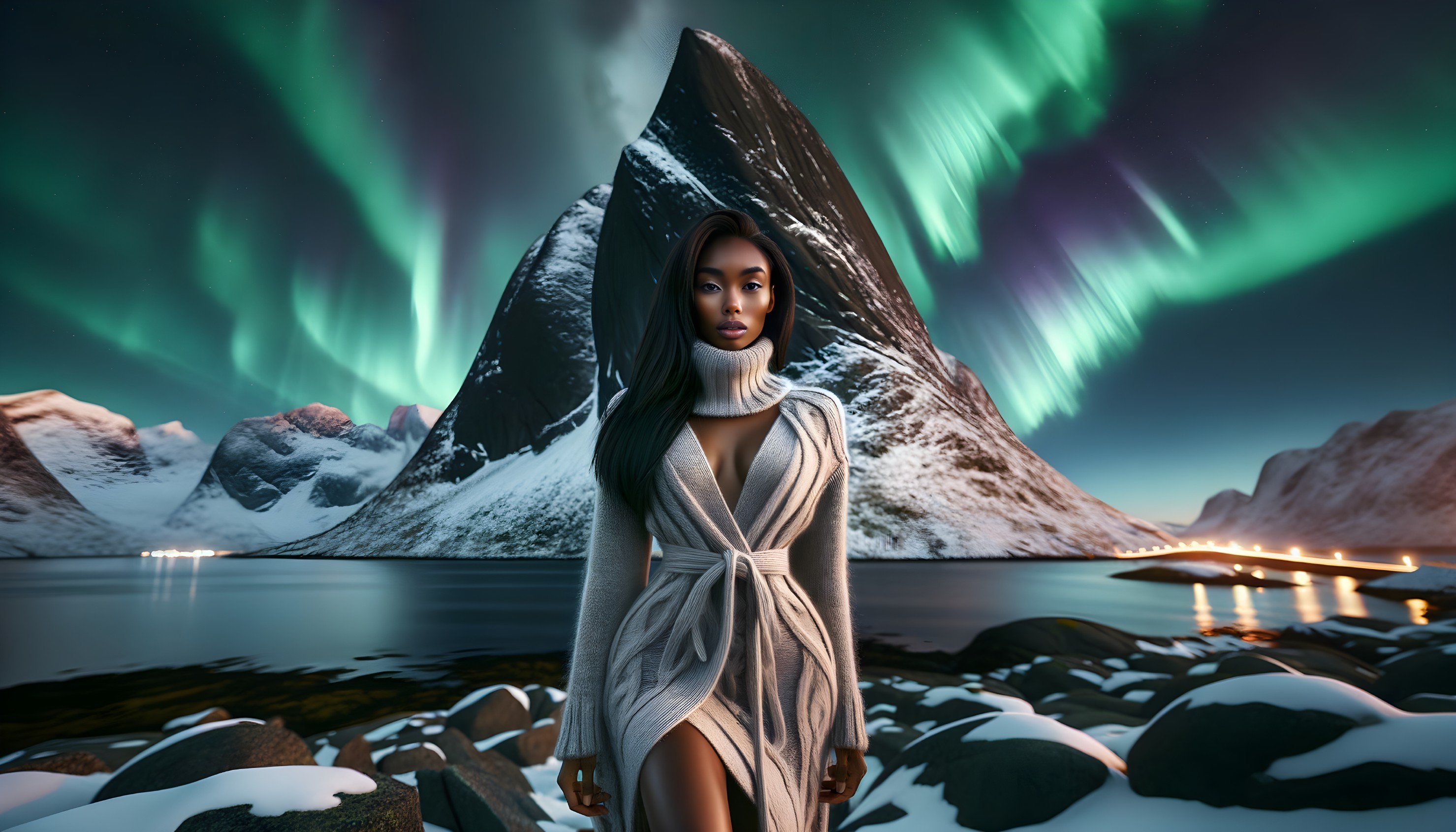 Woman in stylish dress under Northern Lights and mountain landscape