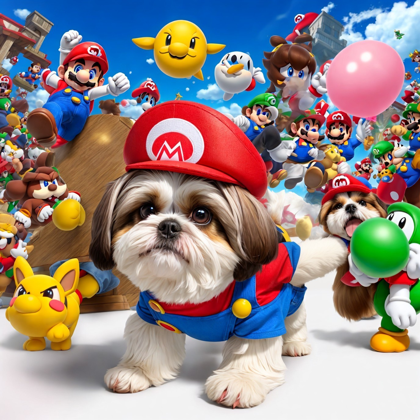 Two dogs in Mario and Luigi costumes with Super Mario and Pokémon characters.