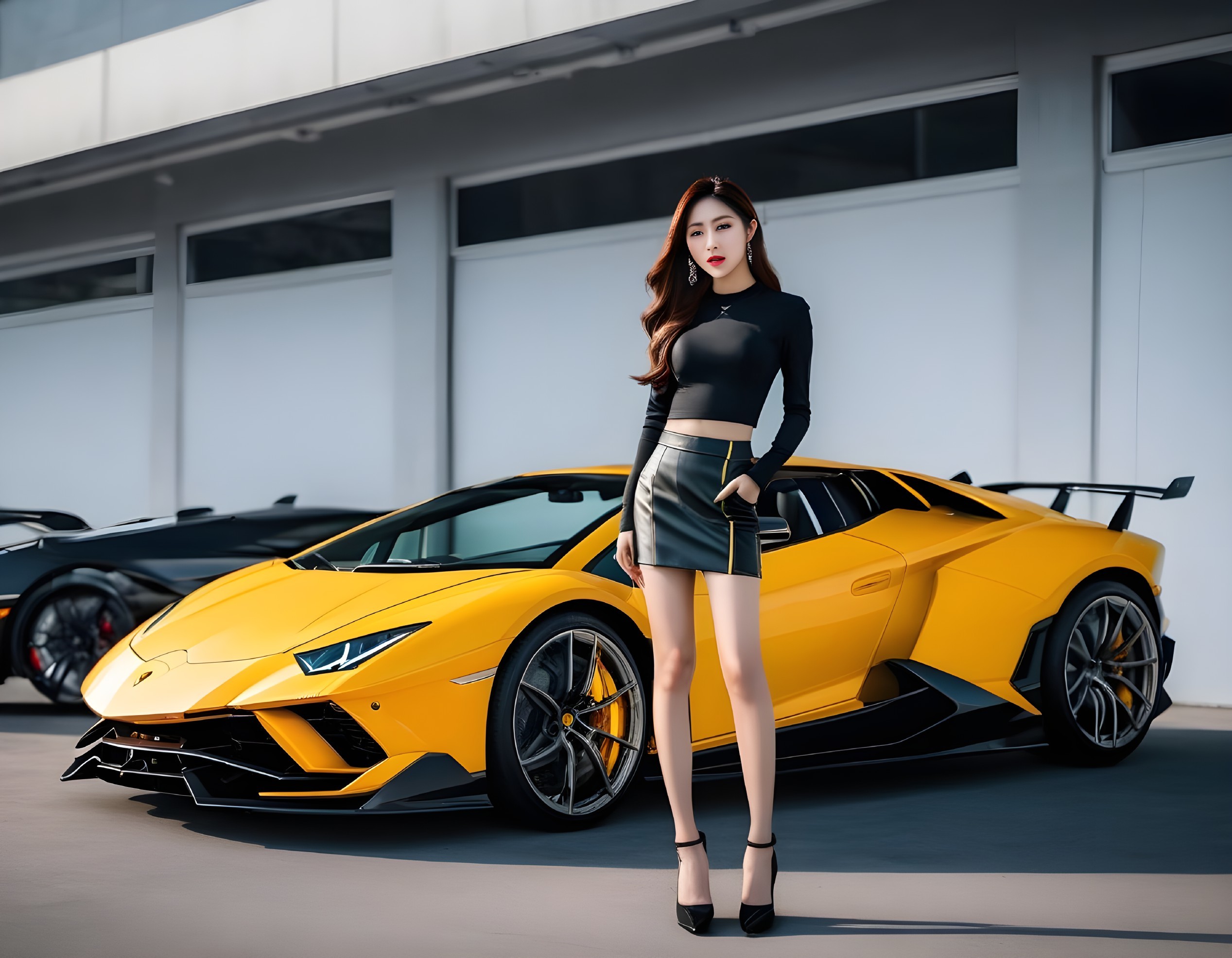 Woman in black outfit poses by yellow Lamborghini and sports cars.