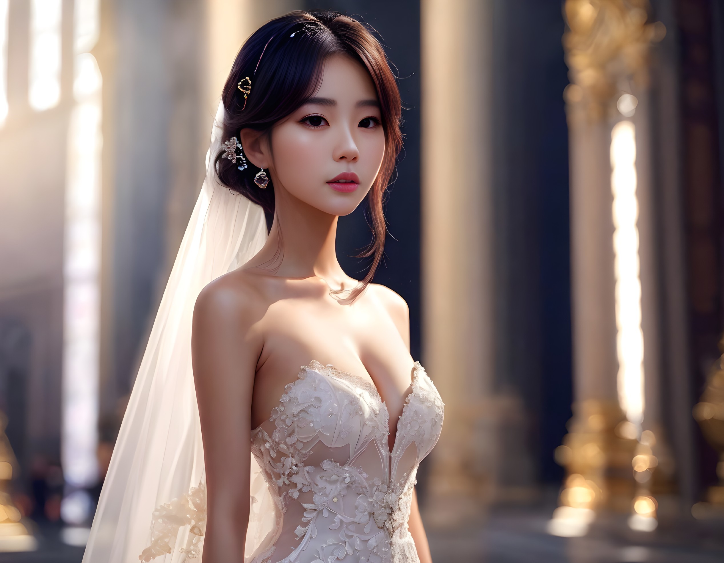 Elegant Bride in White Gown in Grand Hall