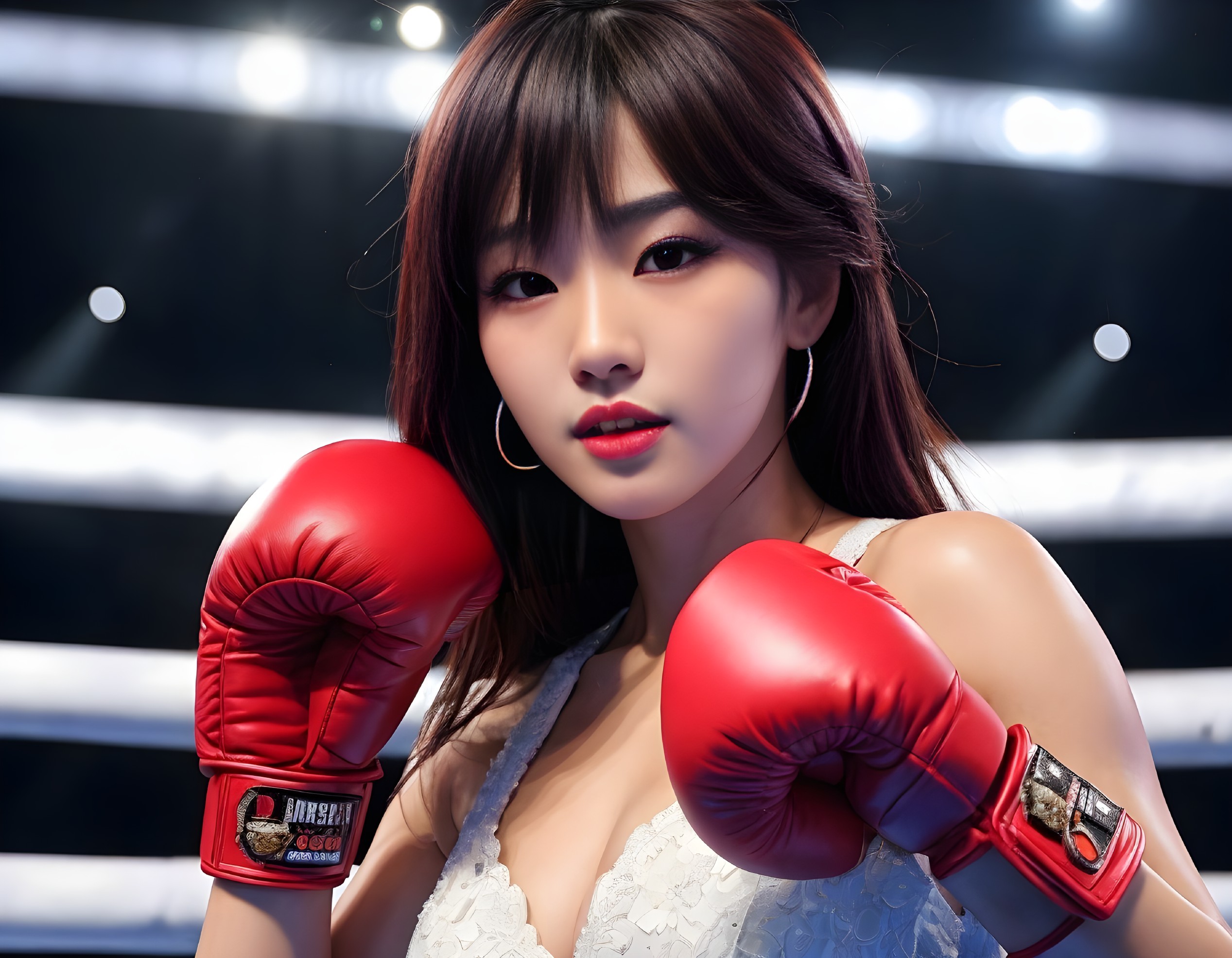 Digital artwork: Young woman in boxing ring with red gloves & lace top