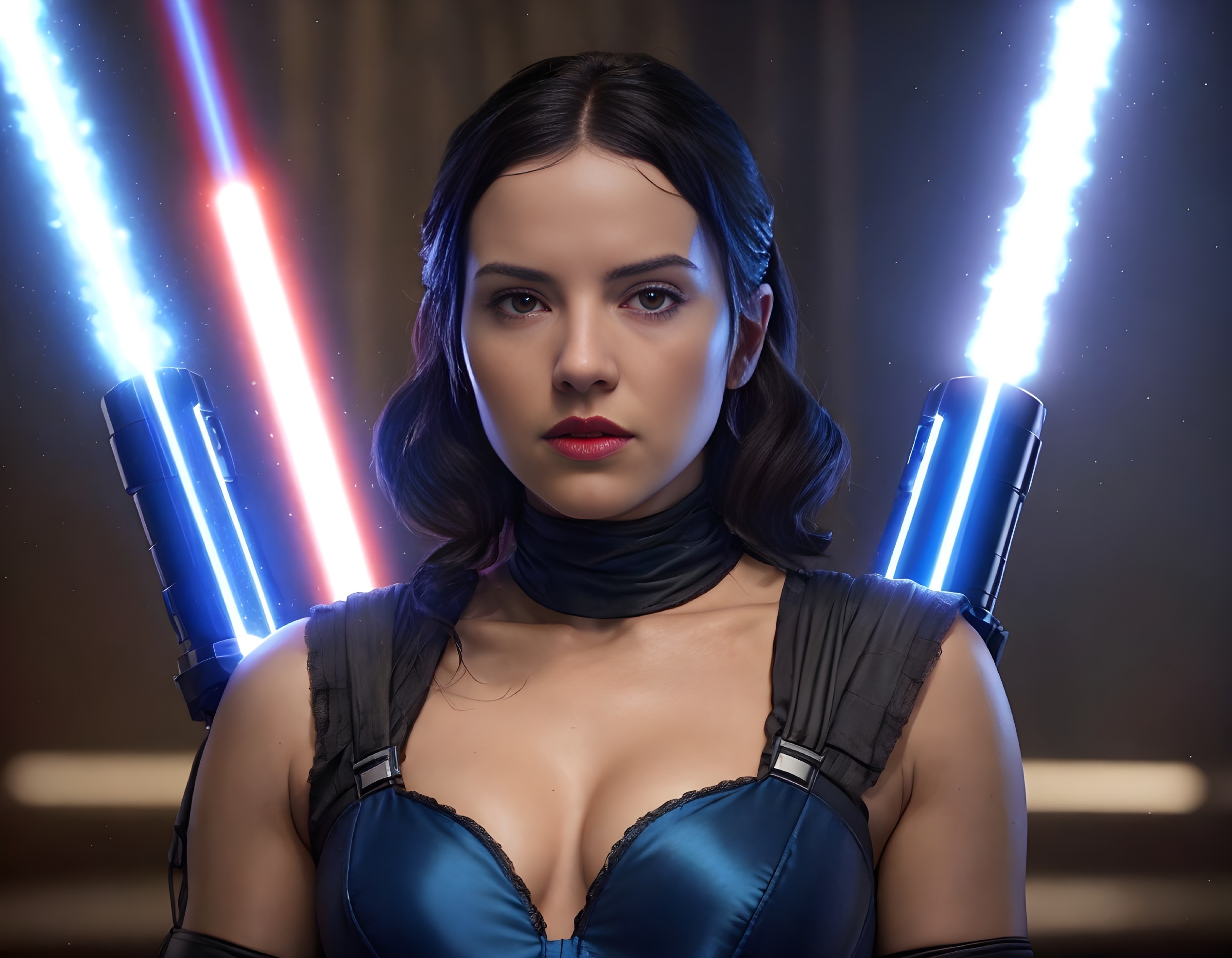 Female Jedi with crossed blue lightsabers, blue top, and serious expression