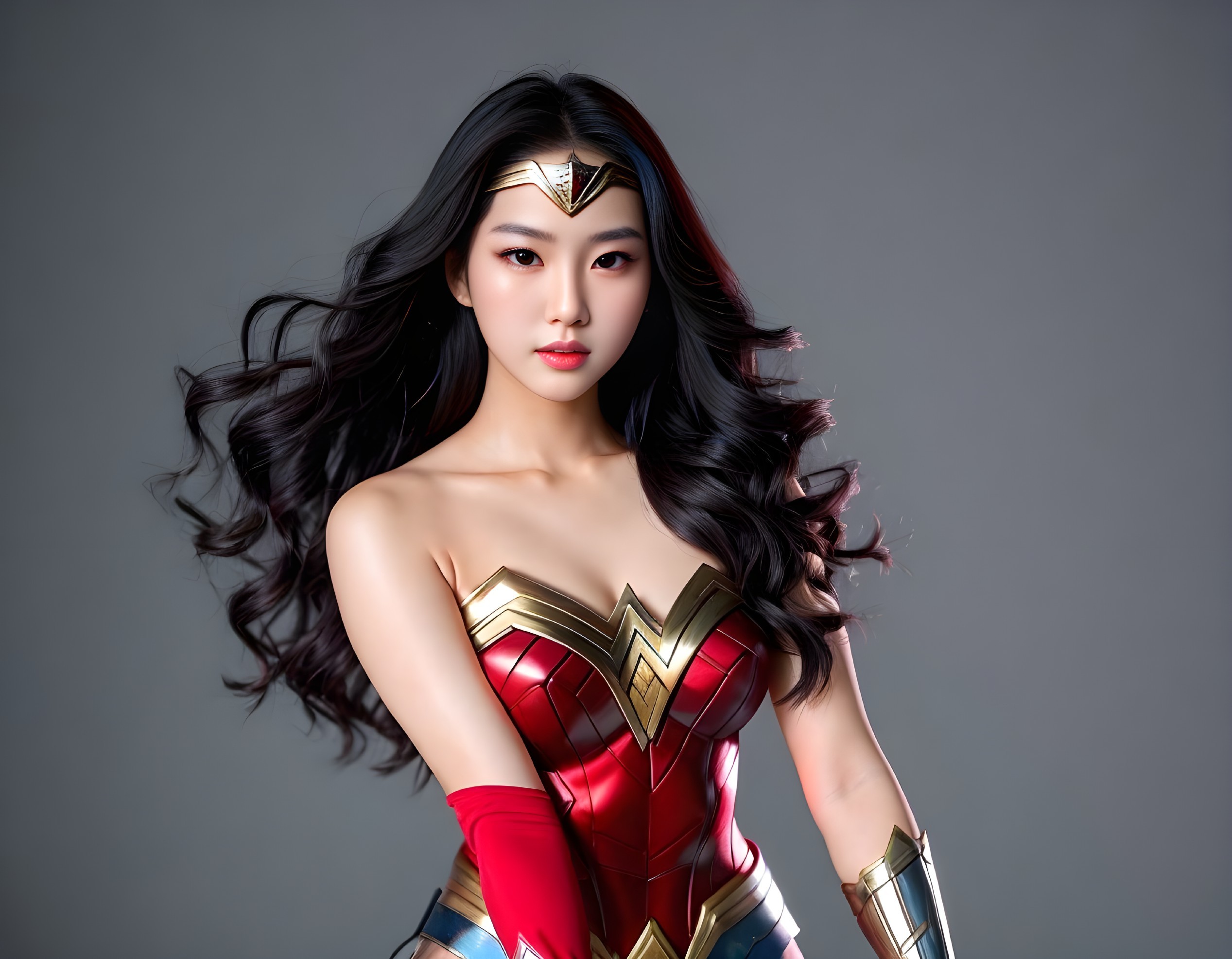 Female superhero digital artwork with long flowing hair in red, gold, and blue costume.