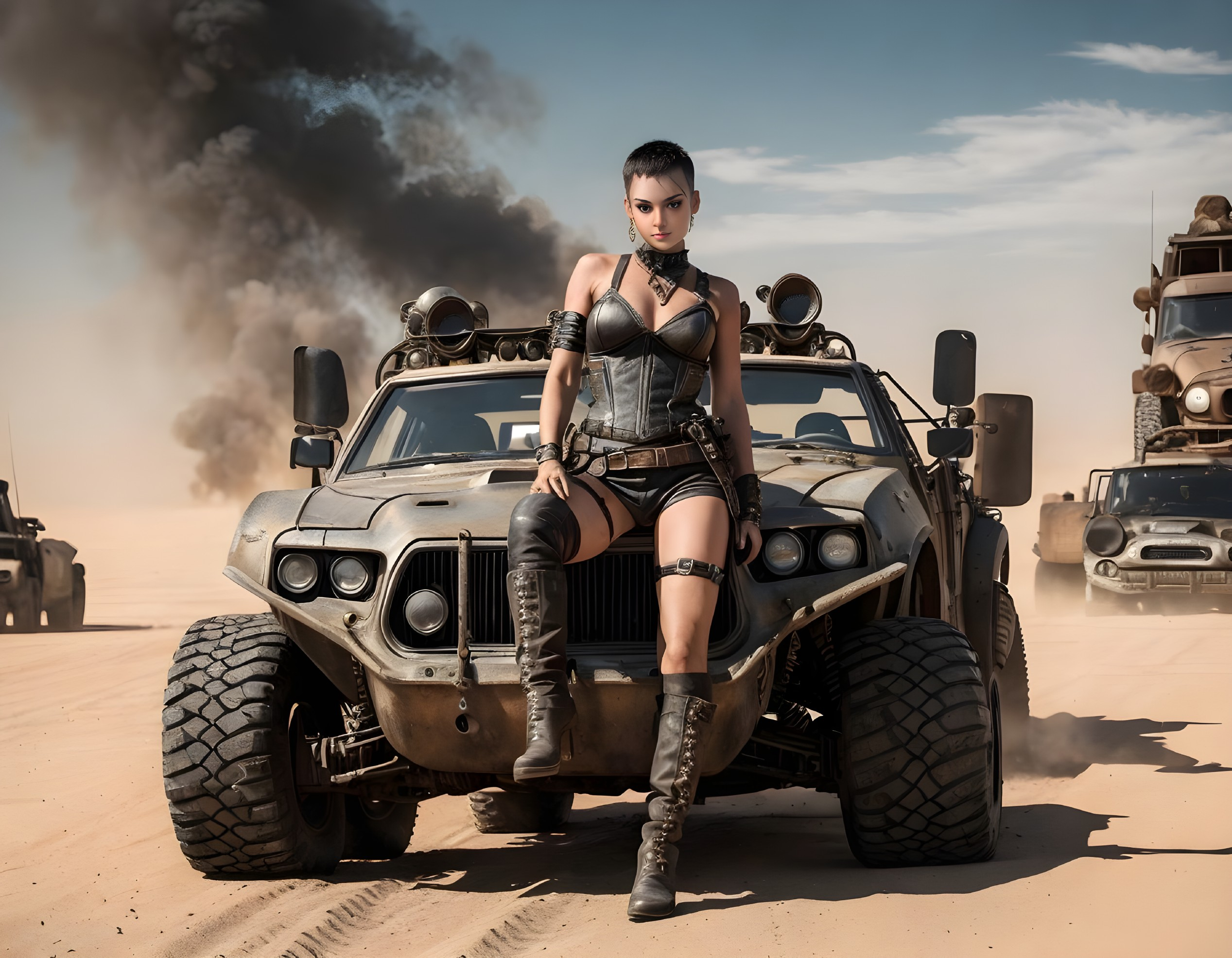 Futuristic warrior woman on armored vehicle in desert landscape