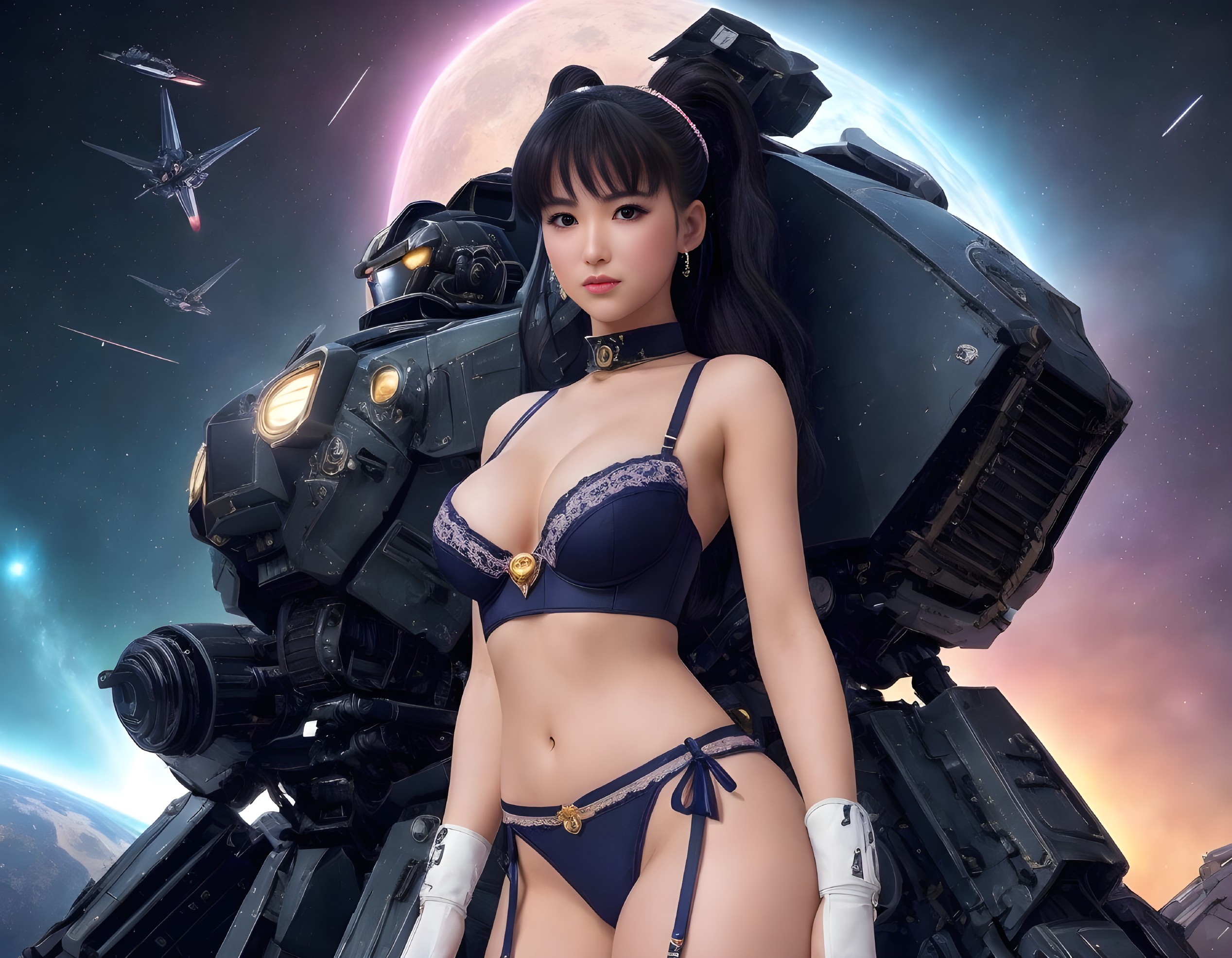 Digital artwork: Woman in futuristic mech-suit, space backdrop, ships, large moon