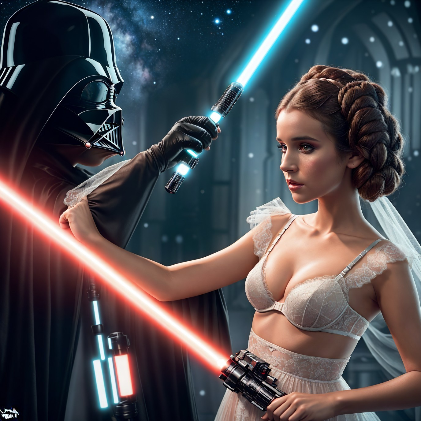 Woman in white dress with blue lightsaber faces Darth Vader with red lightsaber in sci-fi scene