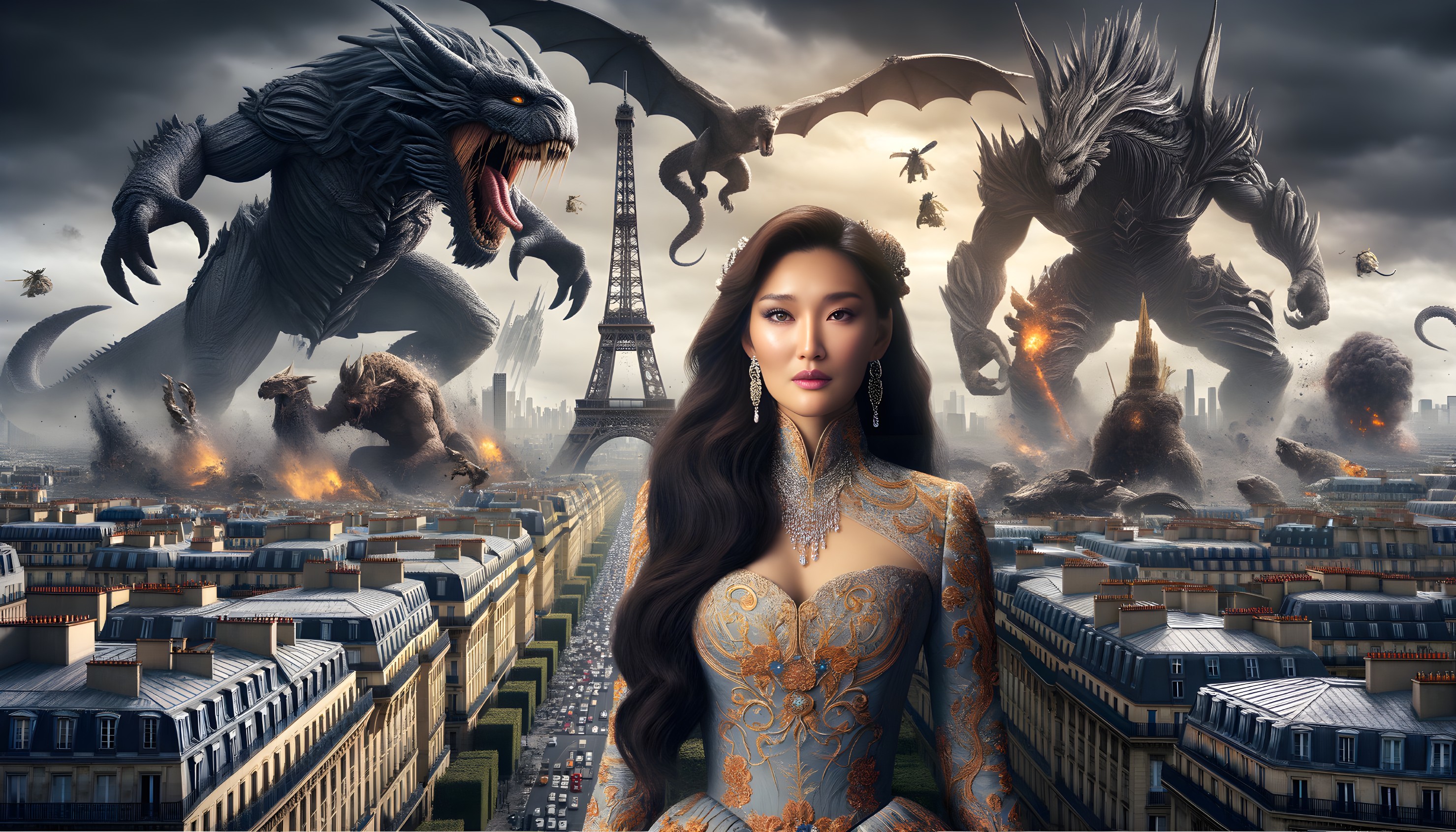 Woman in elegant dress amidst dragon attack on cityscape with Eiffel Tower.