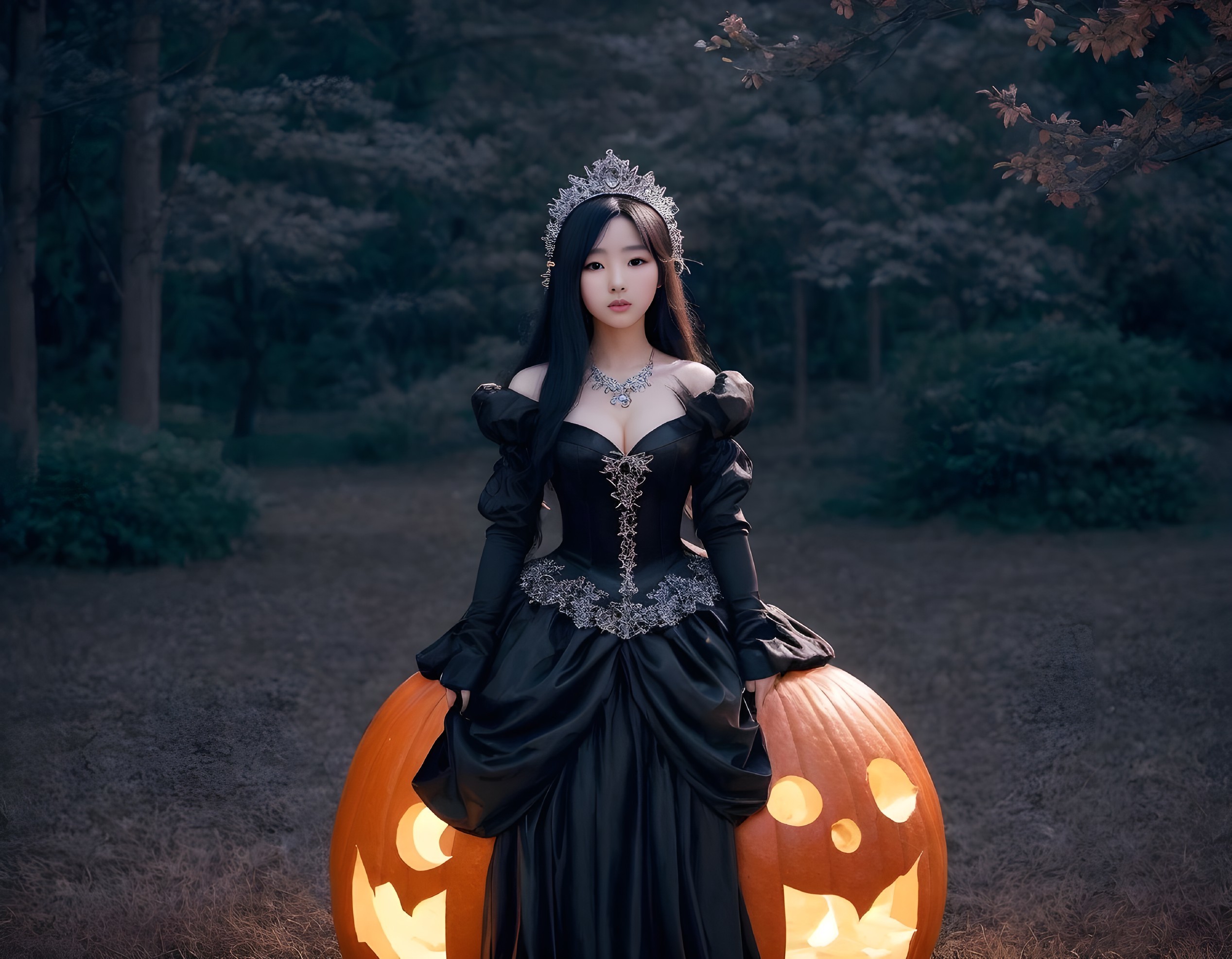Gothic Woman on Jack-o'-Lantern in Dark Forest