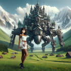 Futuristic woman near steampunk castle in mountain landscape