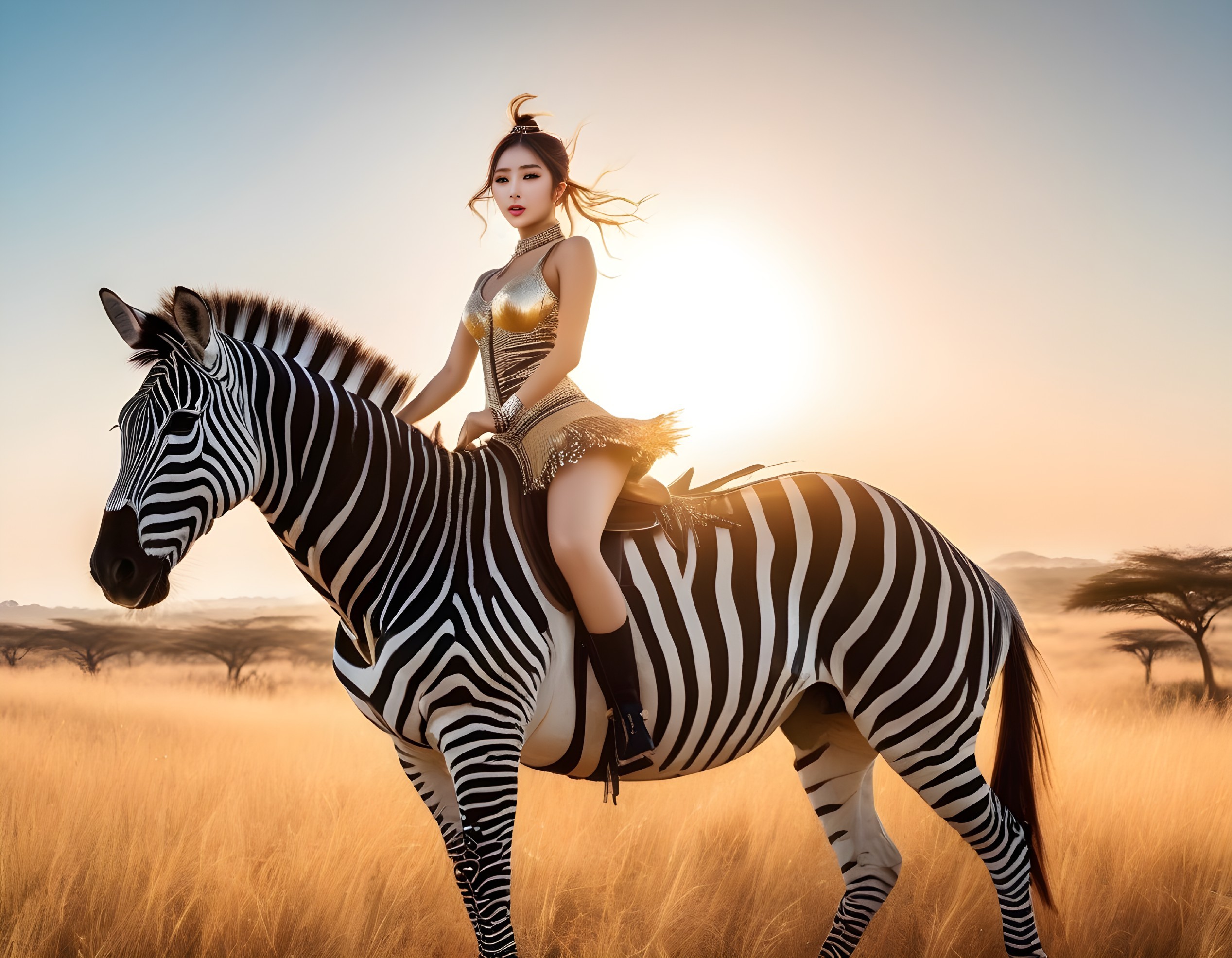 Fantasy woman riding zebra in savannah sunset