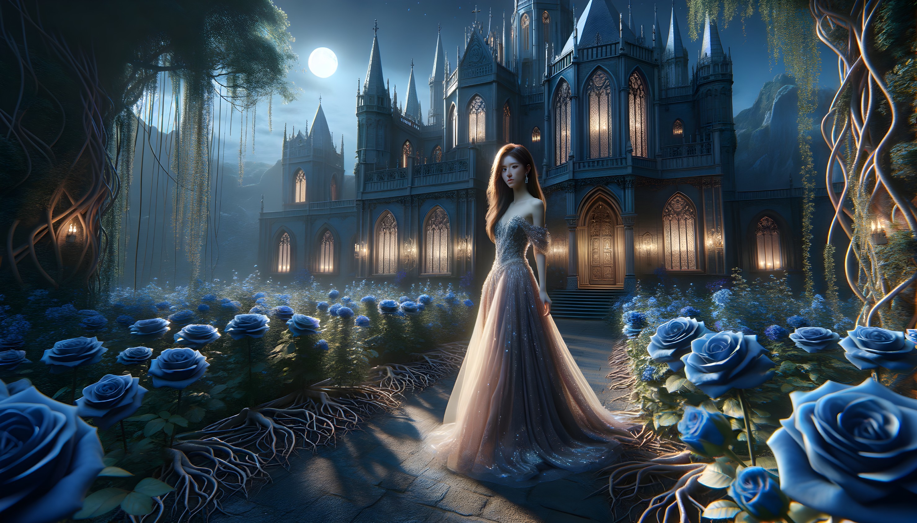 Woman in elegant gown surrounded by blue roses in front of a gothic castle under a full moon