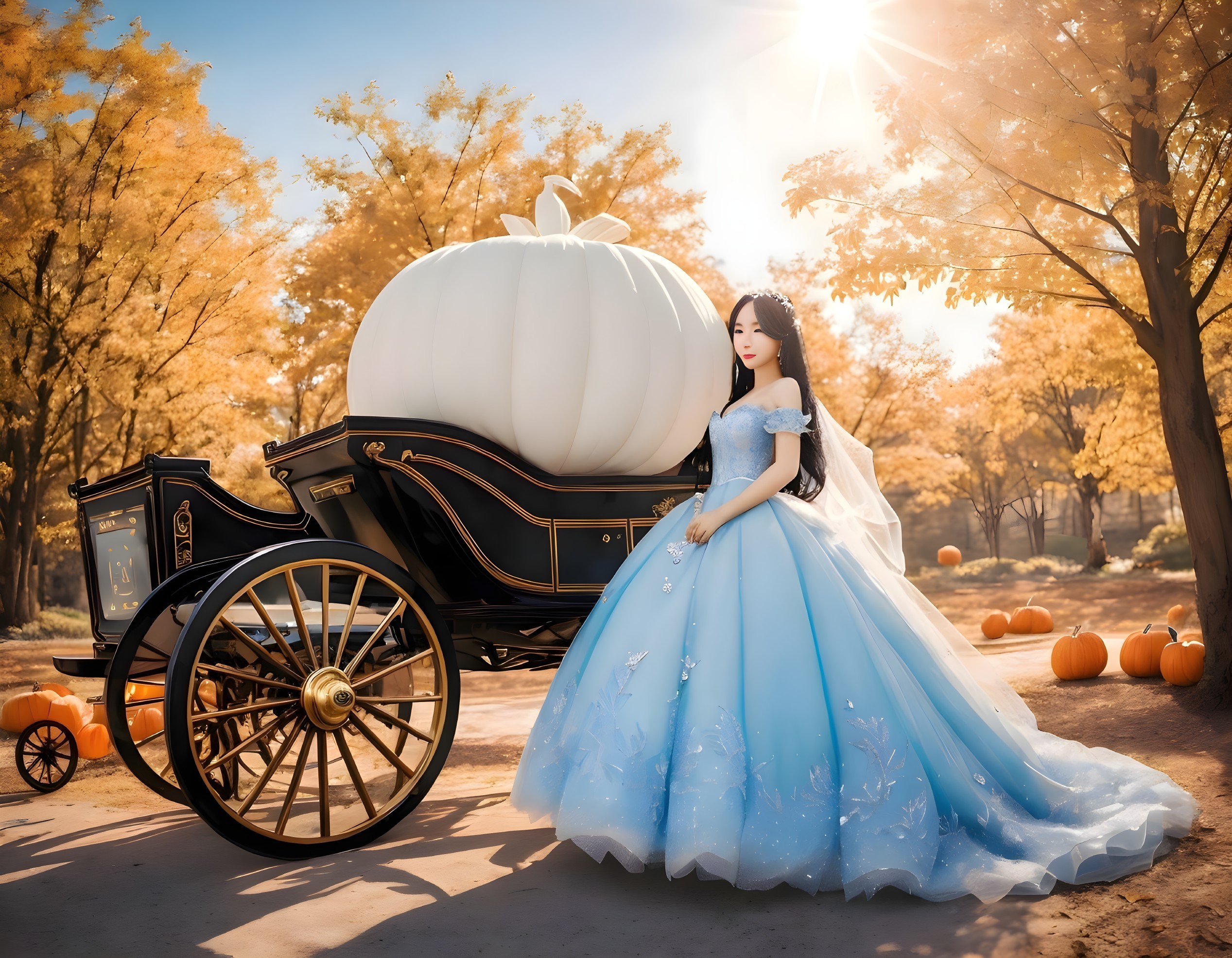 Person in Blue Gown by Pumpkin Carriage in Autumn
