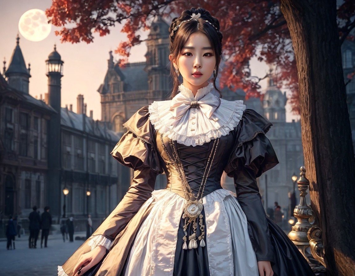 Victorian Dress Under Autumn Trees and Full Moon