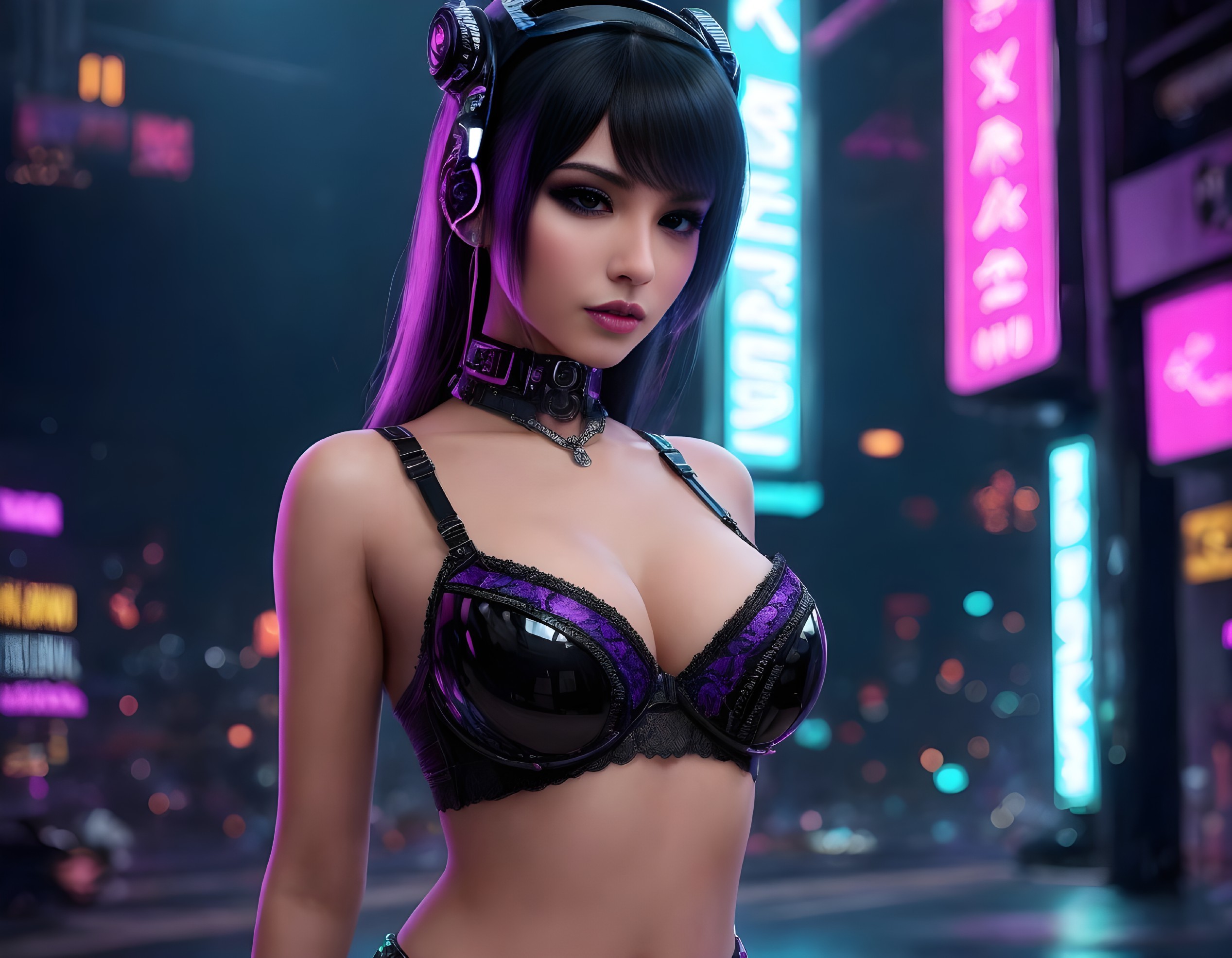 Cyberpunk-themed digital art: Woman with headphones in neon cityscape