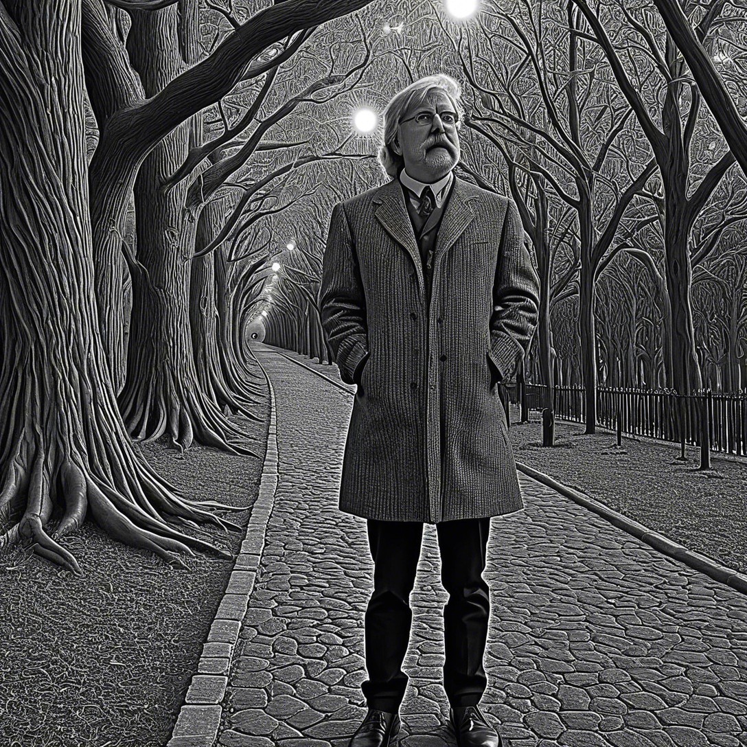 Monochrome Portrait of a Man on a Cobblestone Path