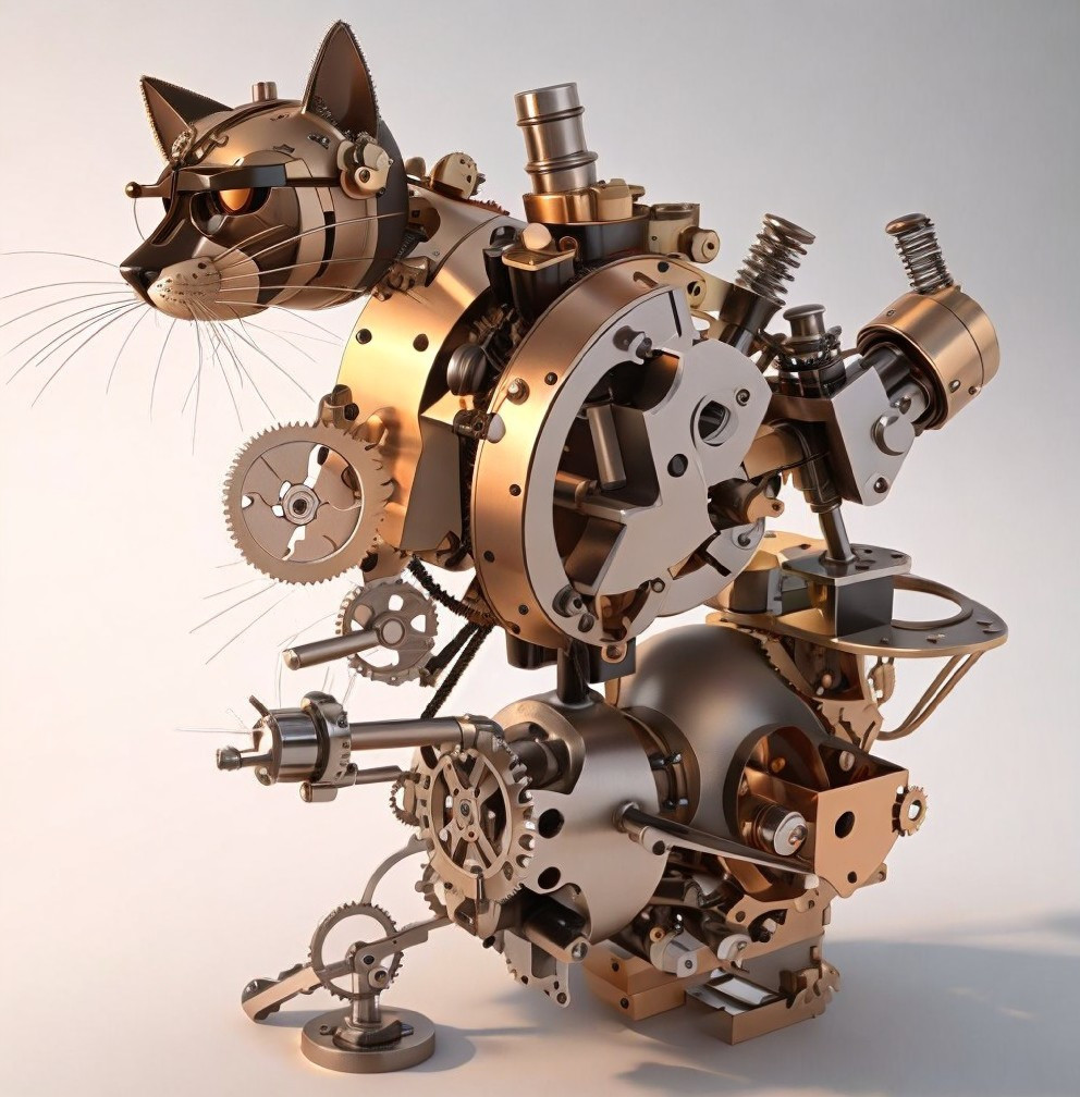 Steampunk mechanical cat sculpture with gears and metallic elements.