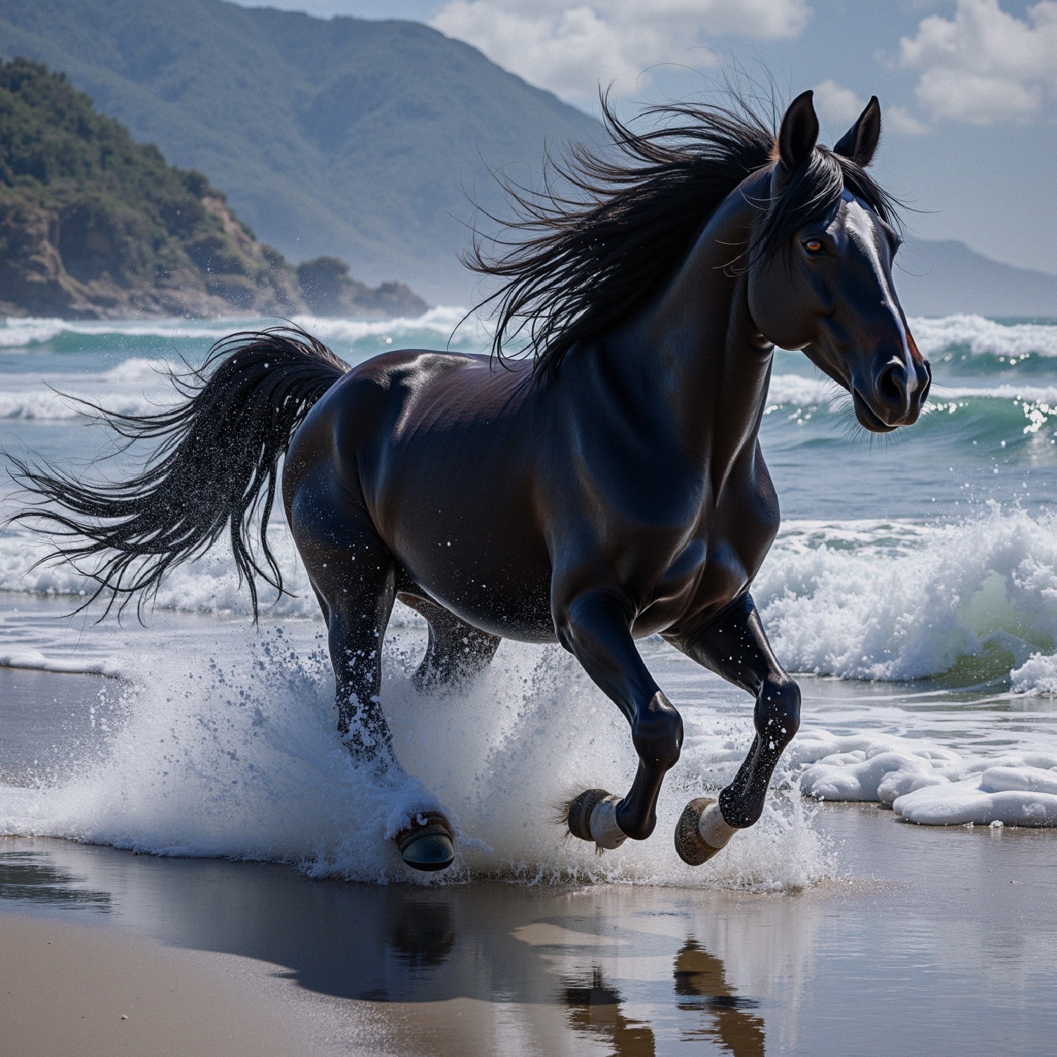 Black Stallion Galloping on Sandy Beach with Waves