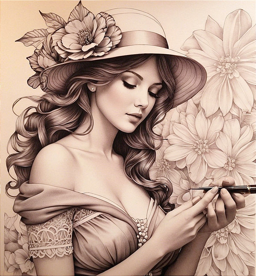 Monochromatic Illustration of a Thoughtful Young Woman