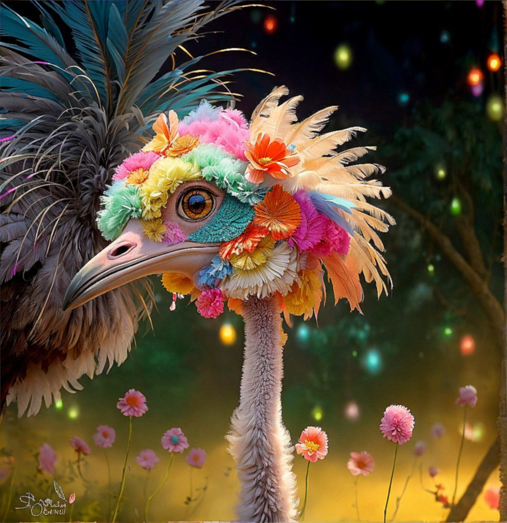 Whimsical Bird with Flower Crown in Dreamy Setting