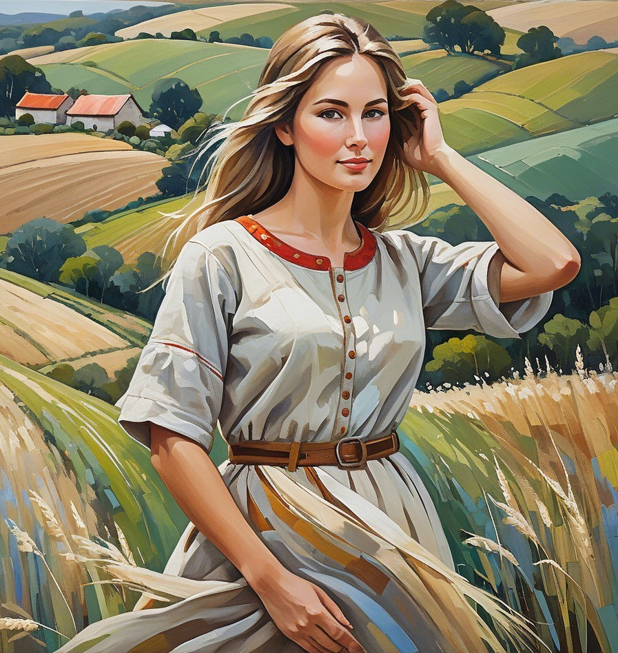 Young woman in sunlit field with flowing hair and dress