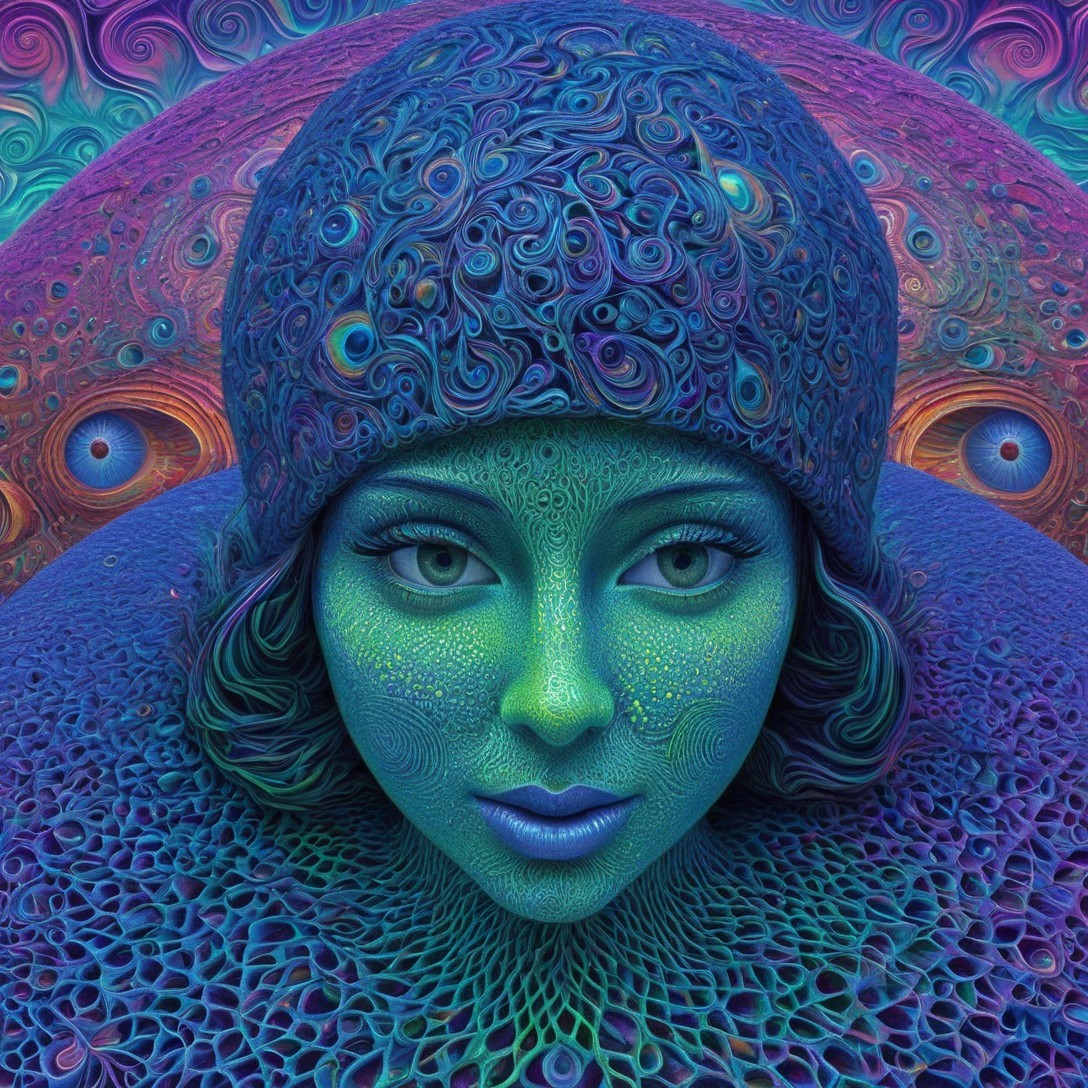 Vivid Green-Hued Figure in Psychedelic Background
