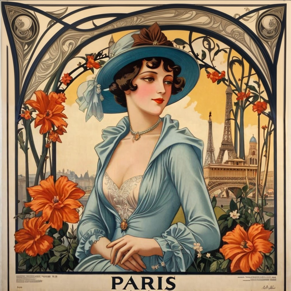 Vintage poster: Elegant woman in blue hat with Eiffel Tower and orange flowers.