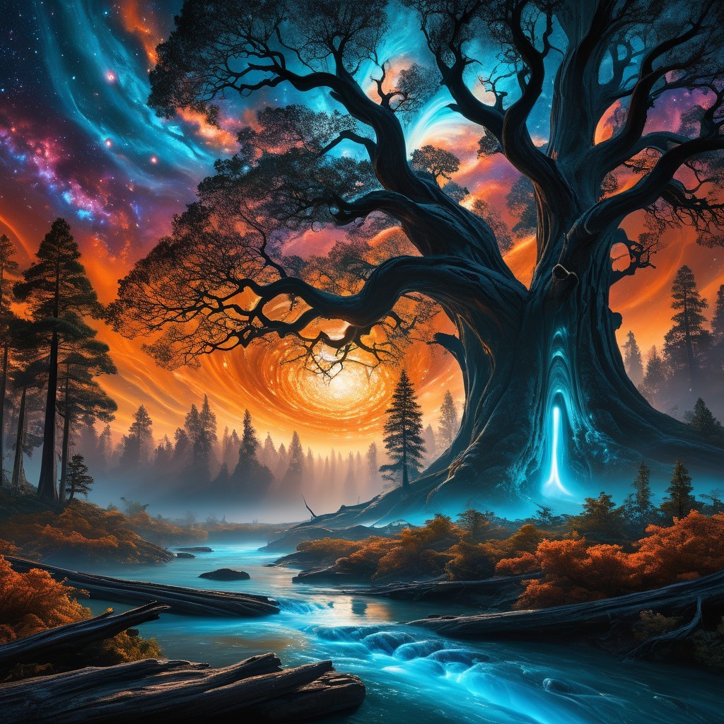 Vibrant Sunset Landscape with Ancient Tree and Portal