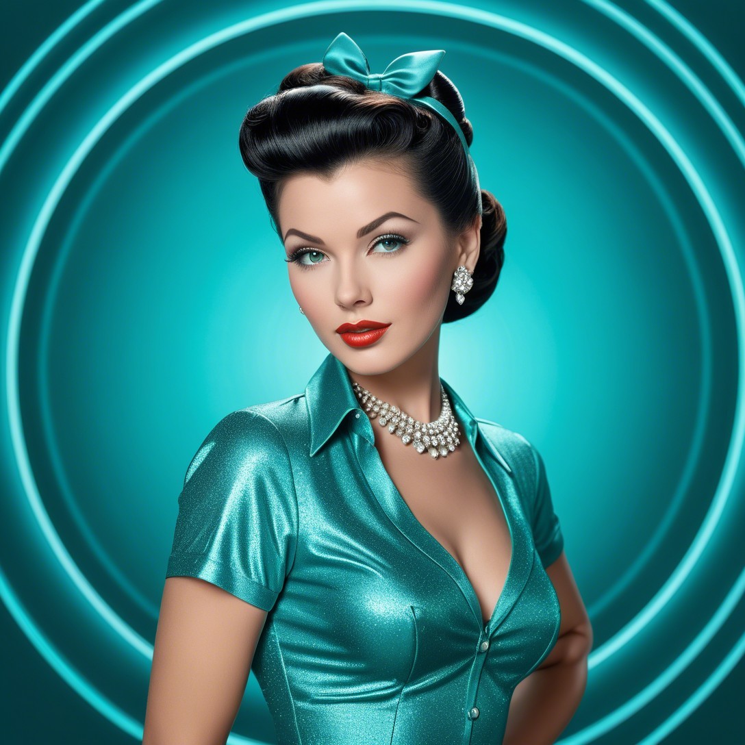 Pin-Up Style Woman with Teal Satin Shirt and Accessories