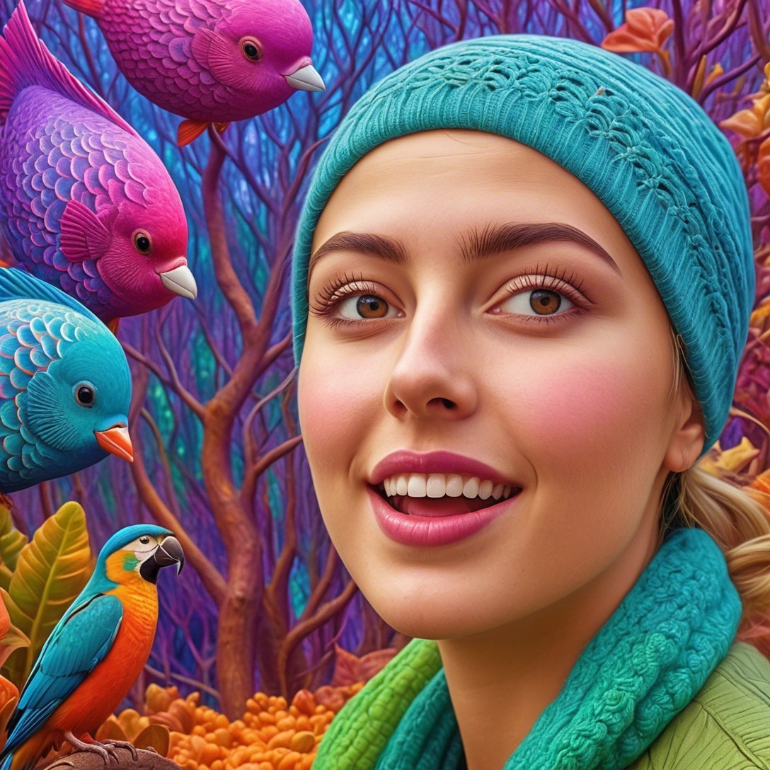 Colorful Digital Painting of Woman and Fantasy Birds