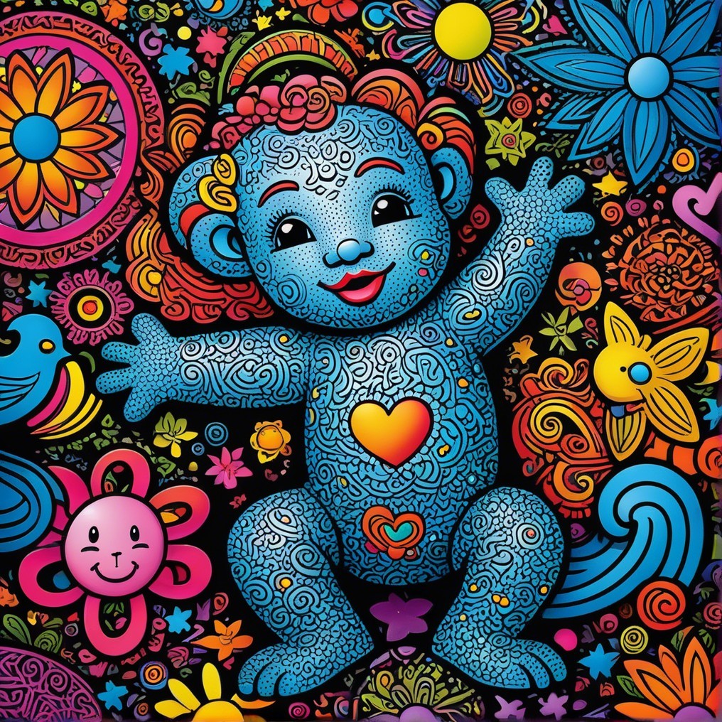 Vibrant Cartoon Blue Teddy Bear Surrounded by Flowers
