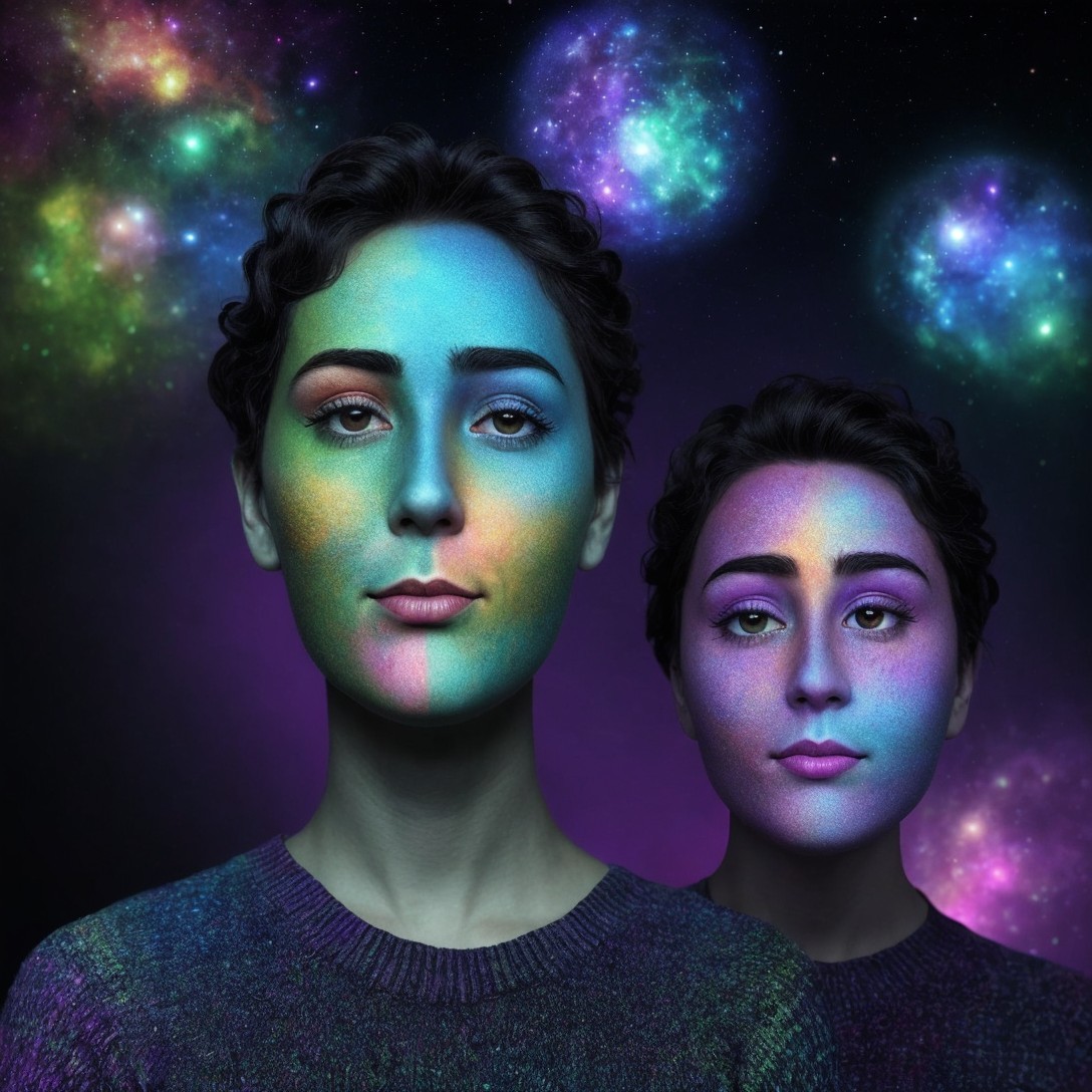 Women with Colorful Face Paint Against Galactic Background