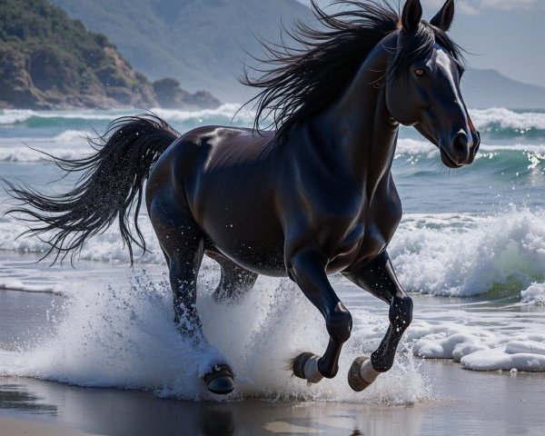 Black Stallion Galloping on Sandy Beach with Waves