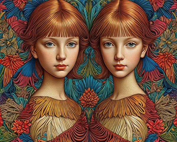 Symmetrical Portrait of Two Red-Haired Girls in Floral Patterns