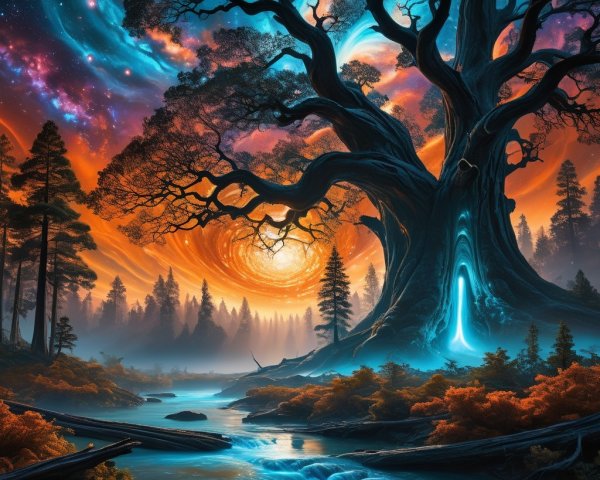 Vibrant Sunset Landscape with Ancient Tree and Portal