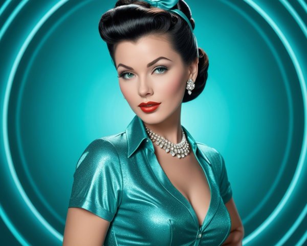 Pin-Up Style Woman with Teal Satin Shirt and Accessories