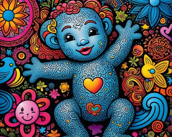 Vibrant Cartoon Blue Teddy Bear Surrounded by Flowers