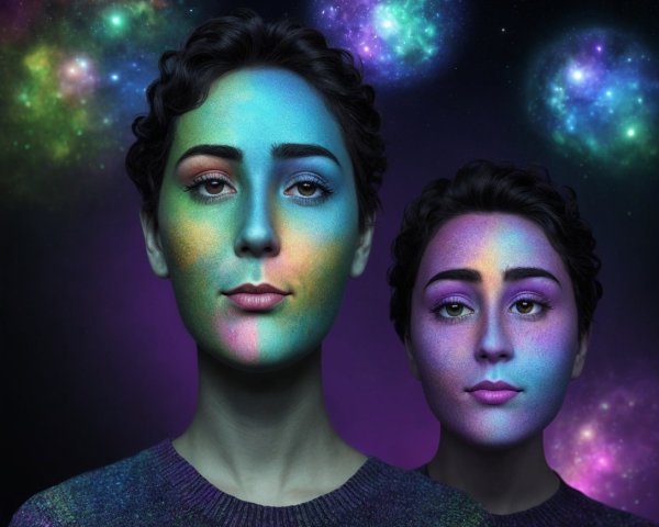 Women with Colorful Face Paint Against Galactic Background